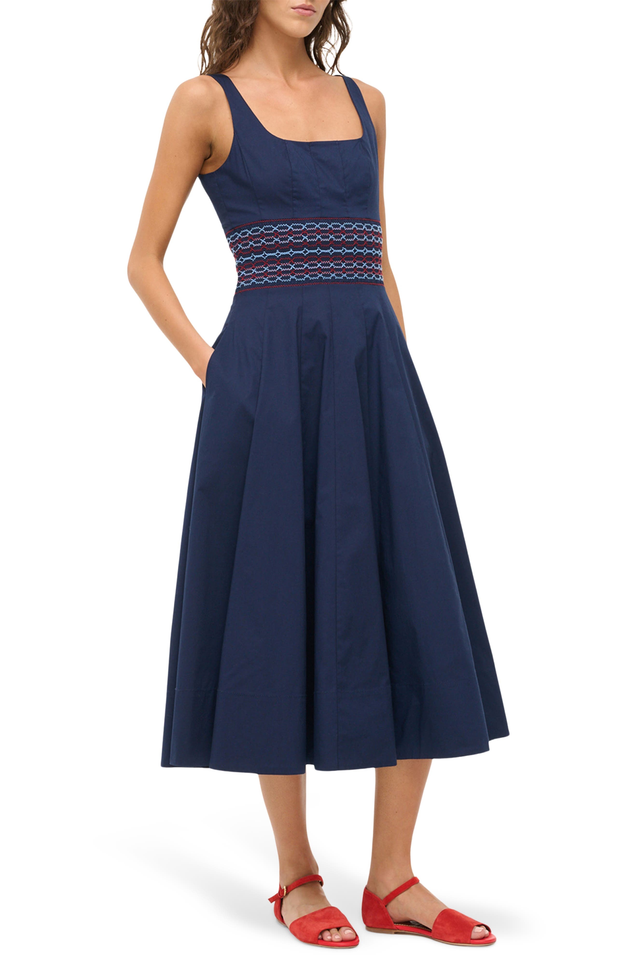 STAUD Rig Embroidered Smocked Waist Stretch Cotton Sundress in Navy at Nordstrom - 3