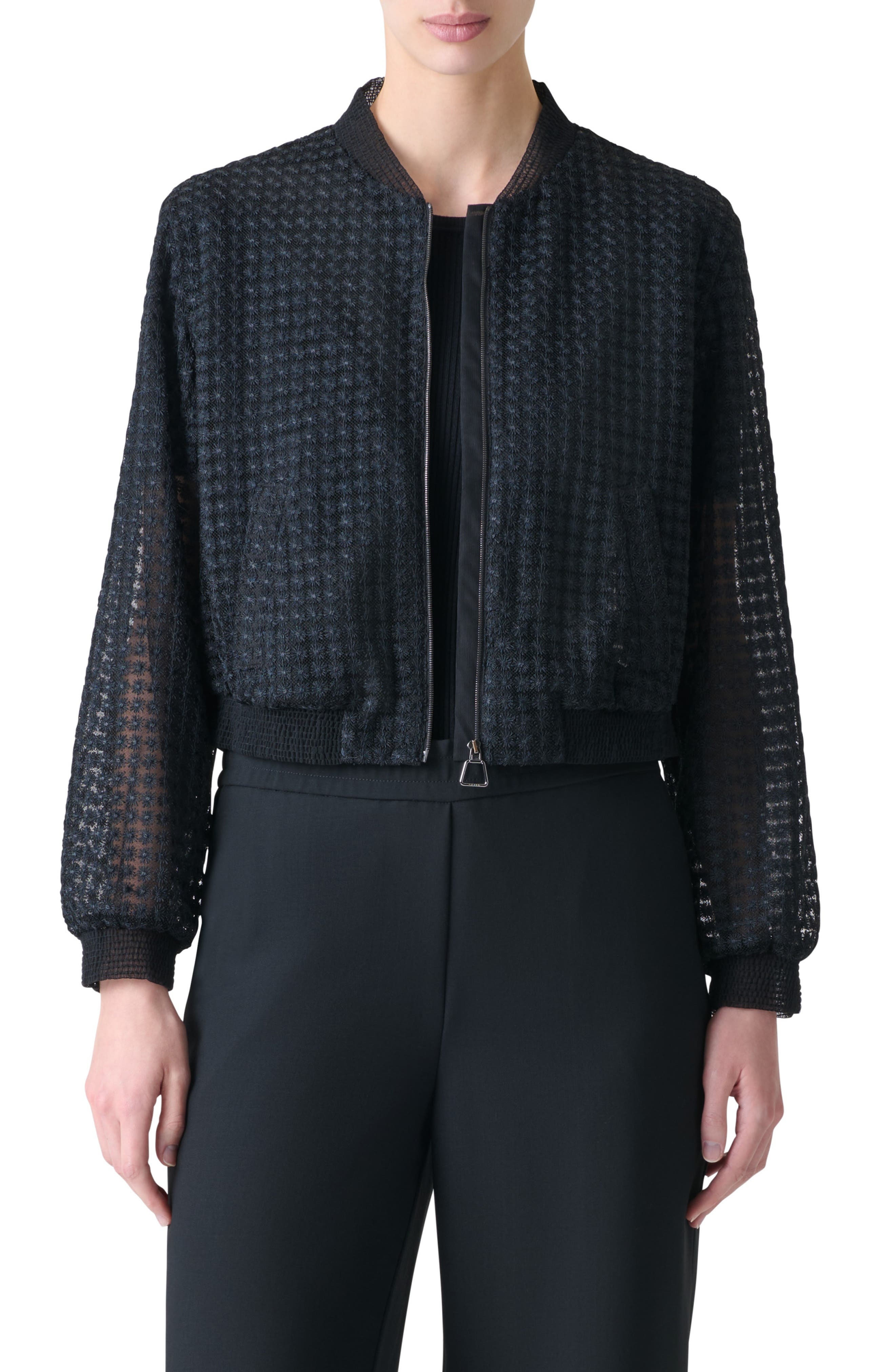 Akris Taide Flower Grid Tulle Bomber Jacket in Black at Nordstrom - 1
