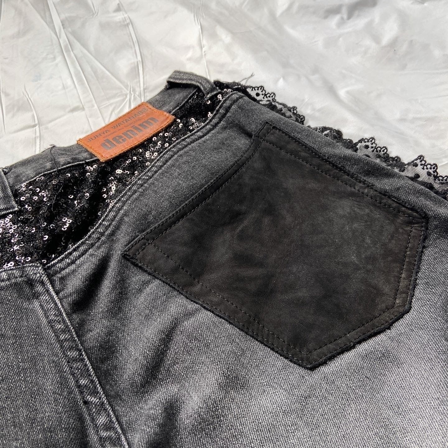 Junya watanabe black trompe l'oeil clawmark sequins lace jeans M - 9