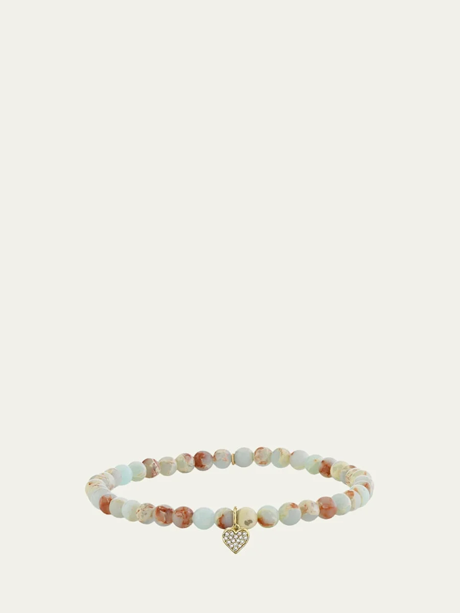14K Gold Diamond Heart on Impression Jasper Bracelet - 1