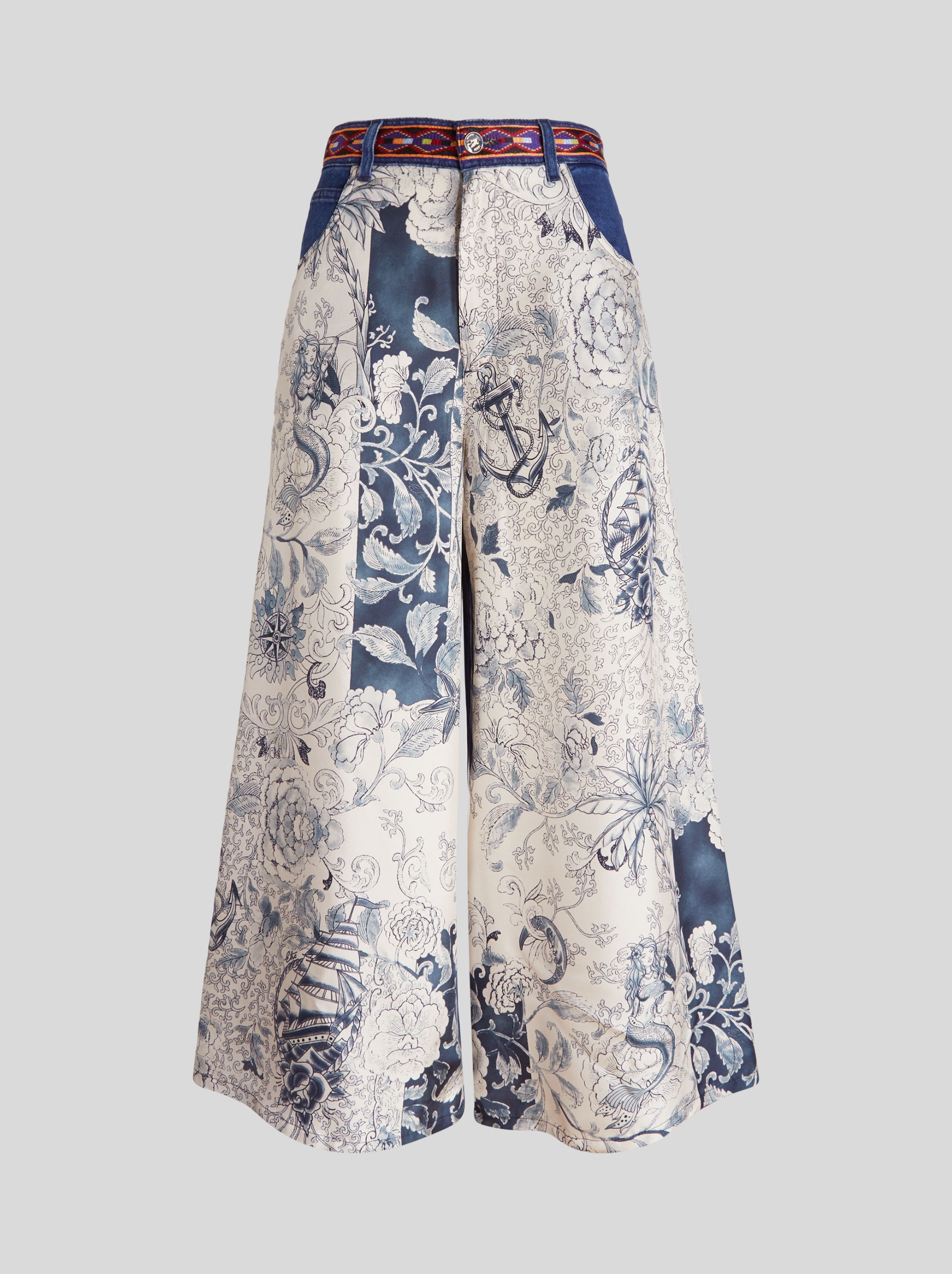 DENIM AND PRINTED SILK CULOTTES - 1