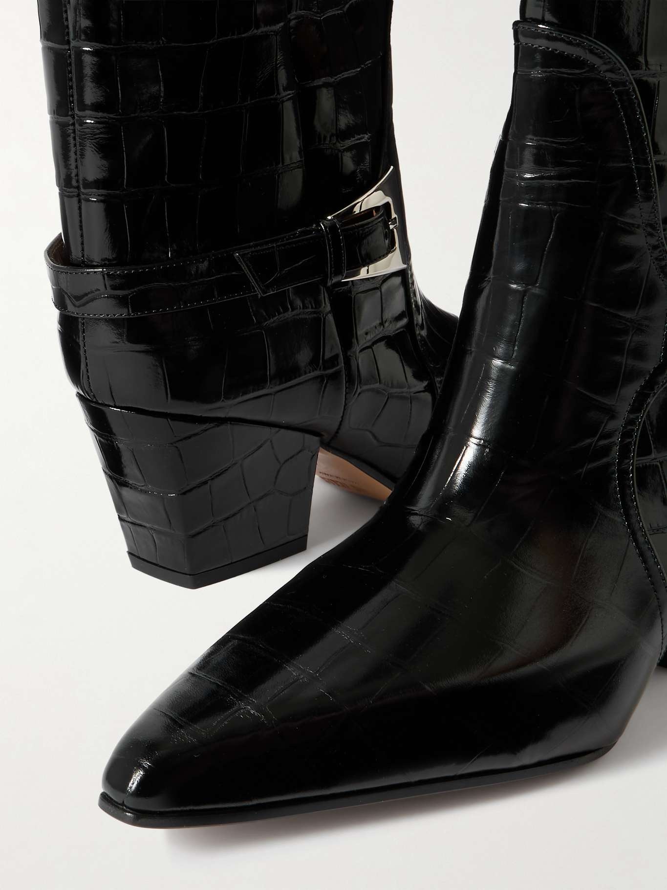 Jane buckled croc-effect glossed-leather knee boots Black - 4