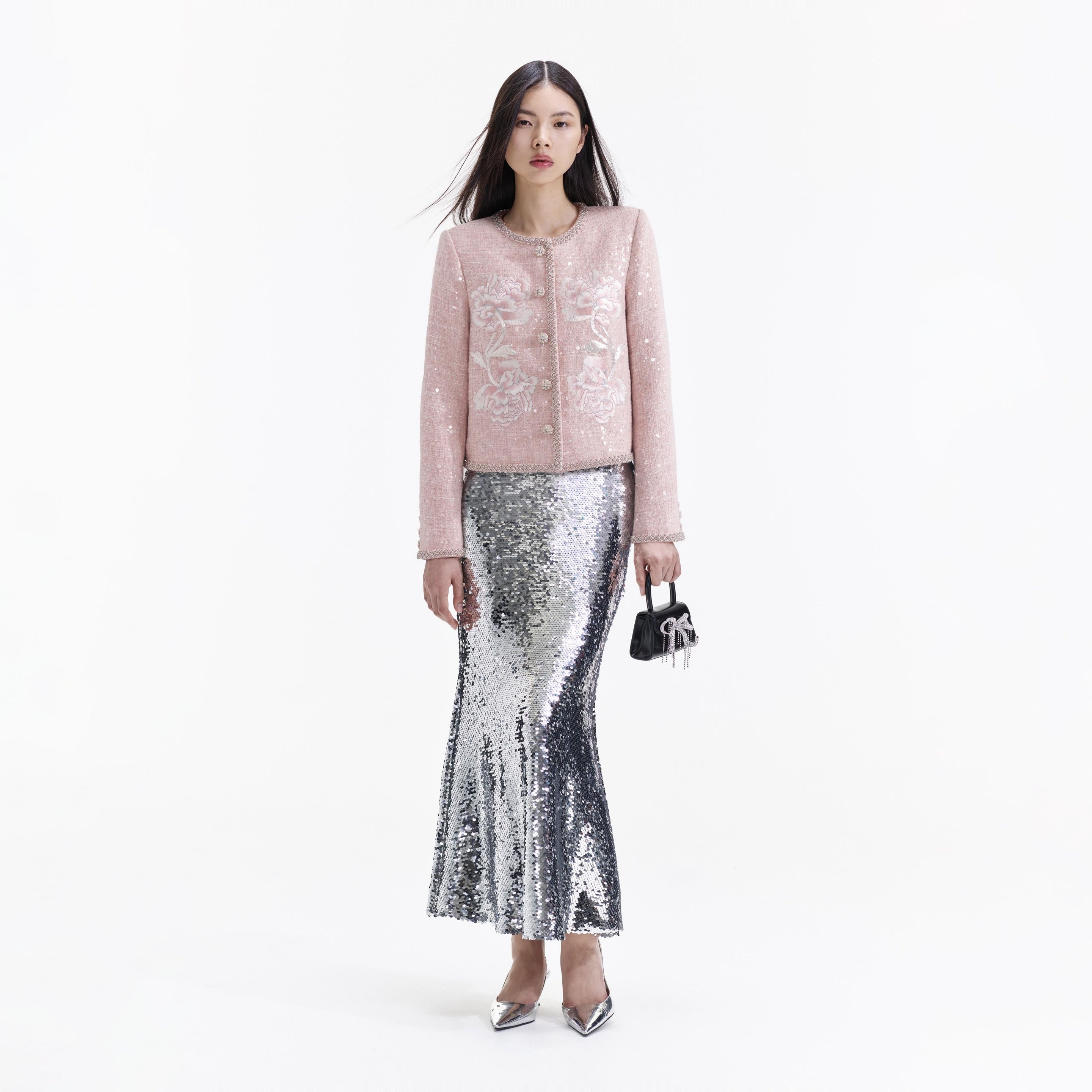 Pink Embroidered Boucle Jacket - 1