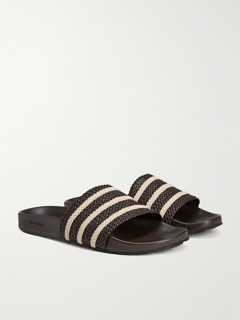 adidas Originals + Wales Bonner Adilette Striped Woven Leather Slides Dark brown outlook