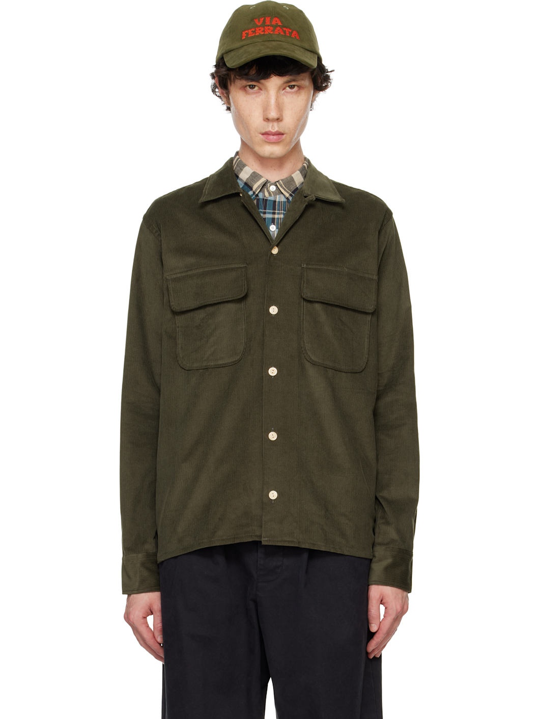 Khaki Corduroy Camp Collar Long Sleeve Shirt - 1