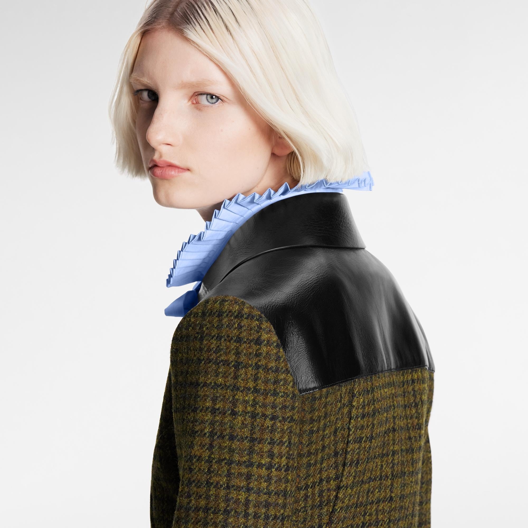 Leather Accent Houndstooth Coat - 4