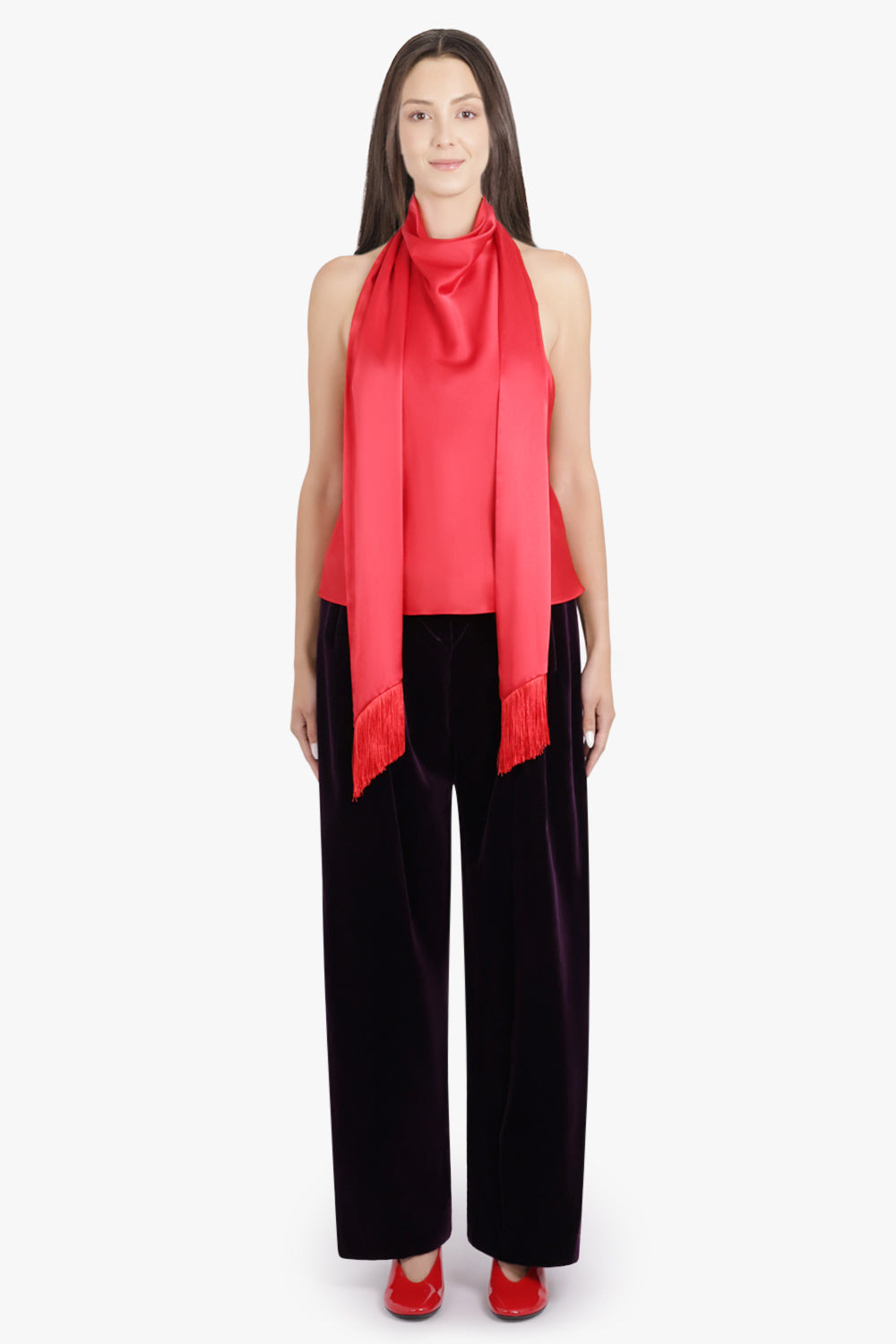 HALTERNECK TOP WITH SCARF NECK | VIVID RED - 4