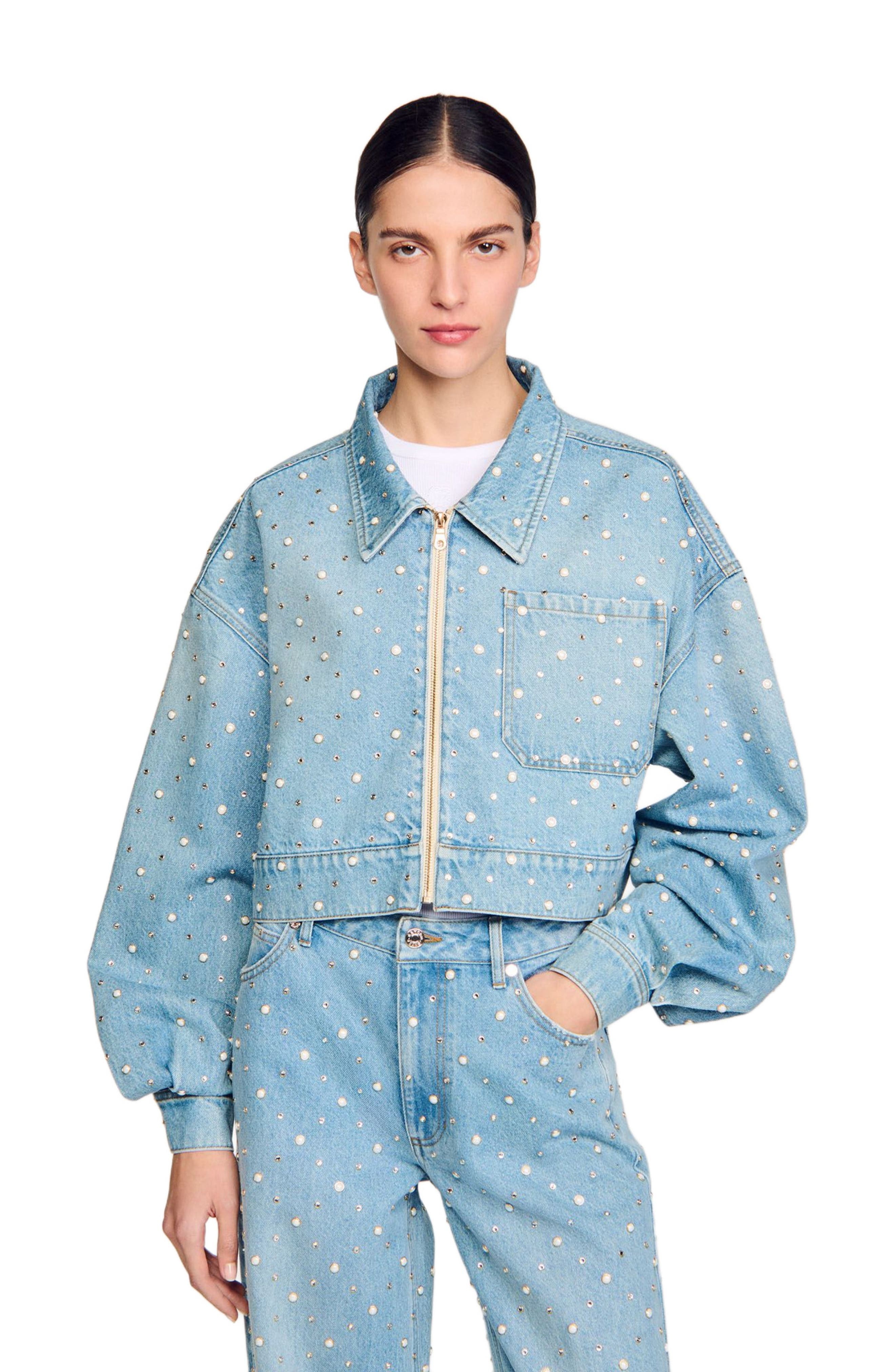 SANDRO Beaded and rhinestone denim jacket in Blue Jean at Nordstrom - 1