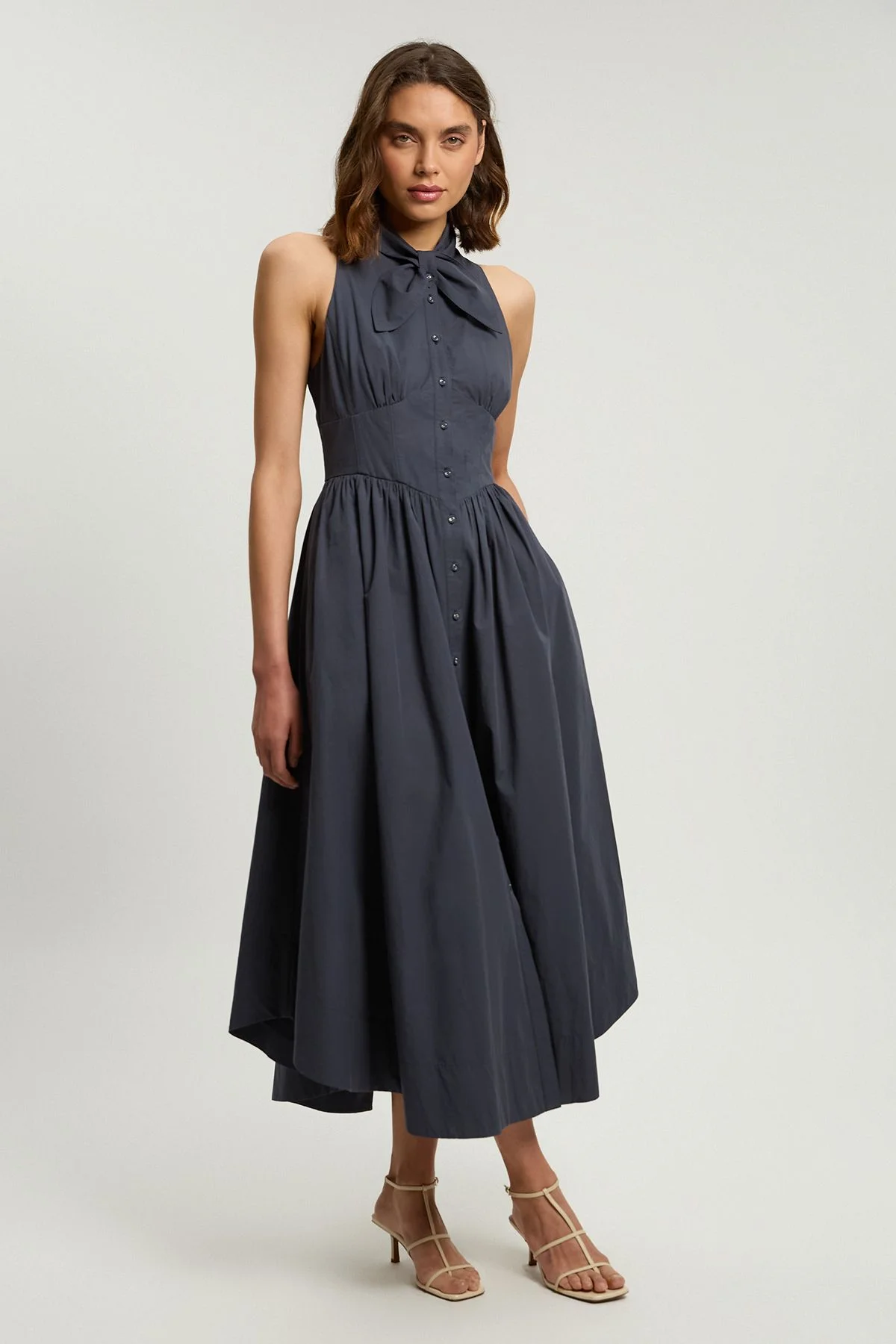 Cotton Poplin Tie Neck Midi Dress - 1