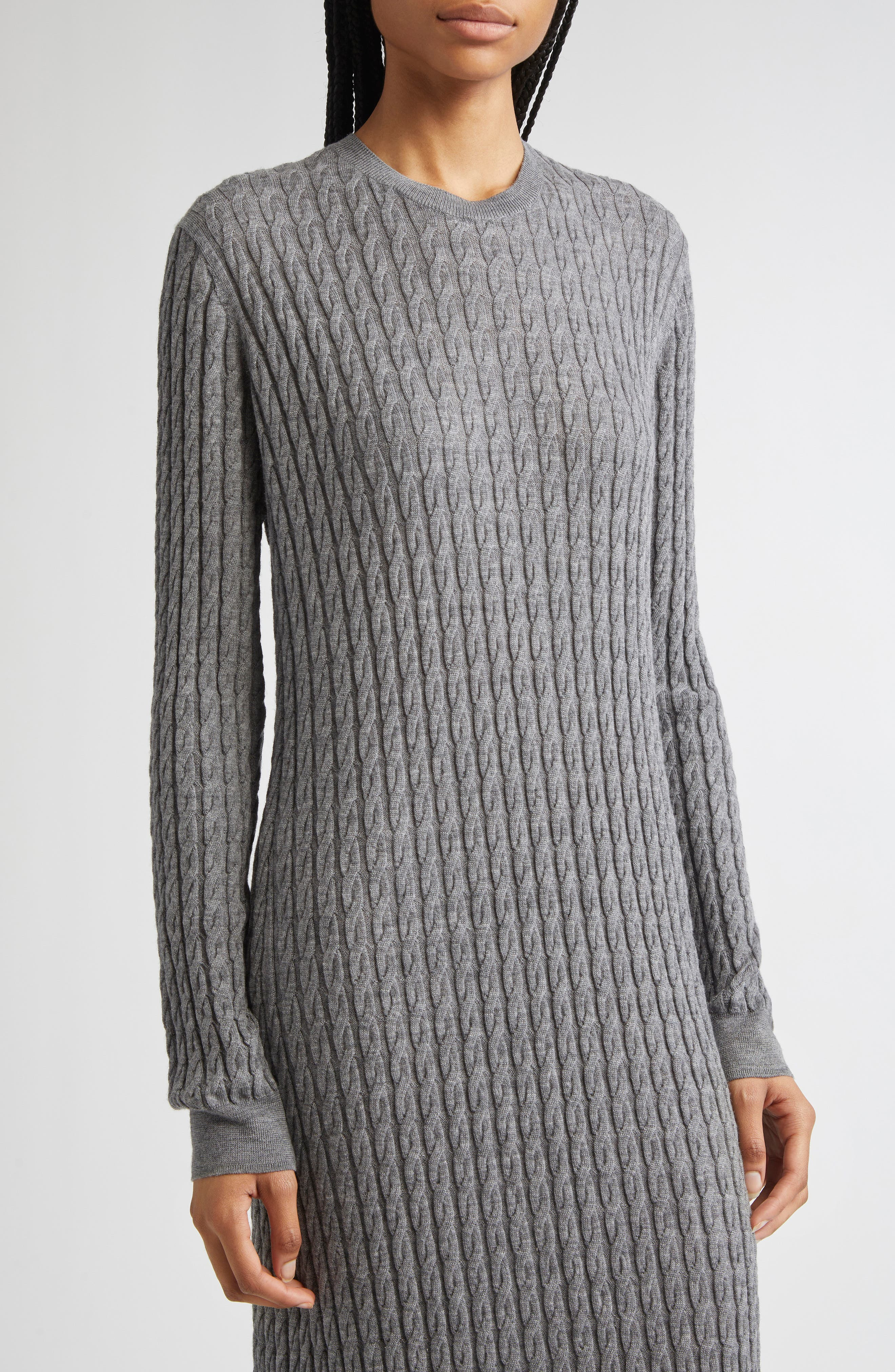 TOTEME Long Sleeve Cable Knit Wool Merino Wool Sweater Dress in Grey Melange at Nordstrom - 4