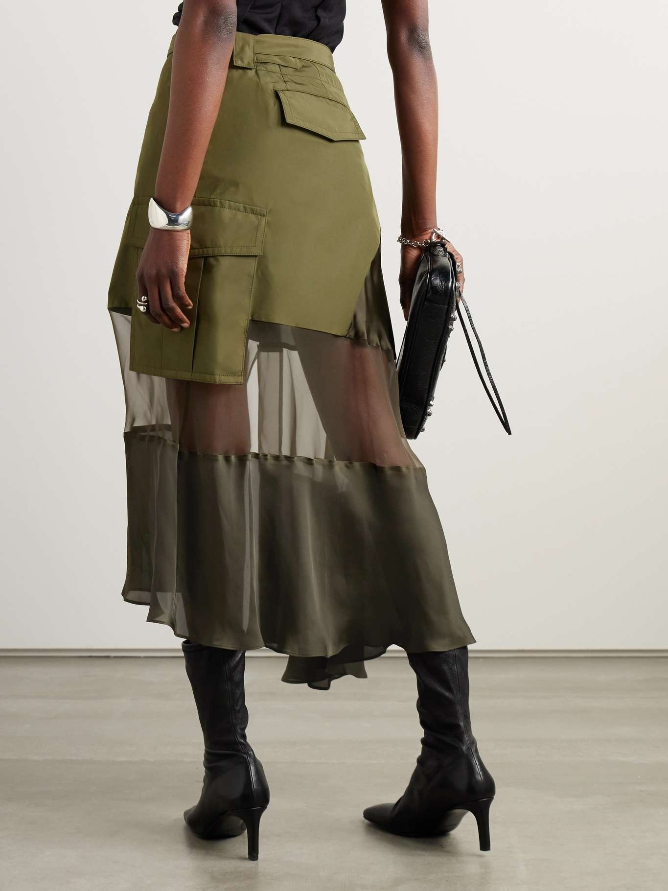 sacai Belted wrap-effect paneled satin and chiffon-trimmed