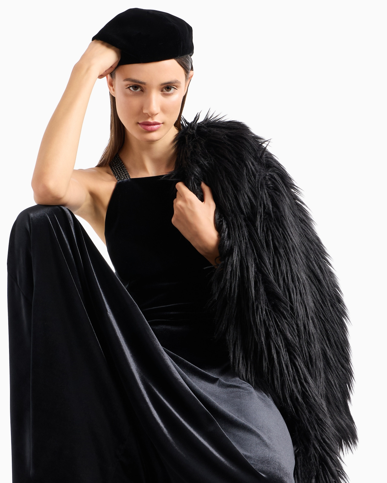 Chenille jersey long dress with rhinestone shoulder straps - 6