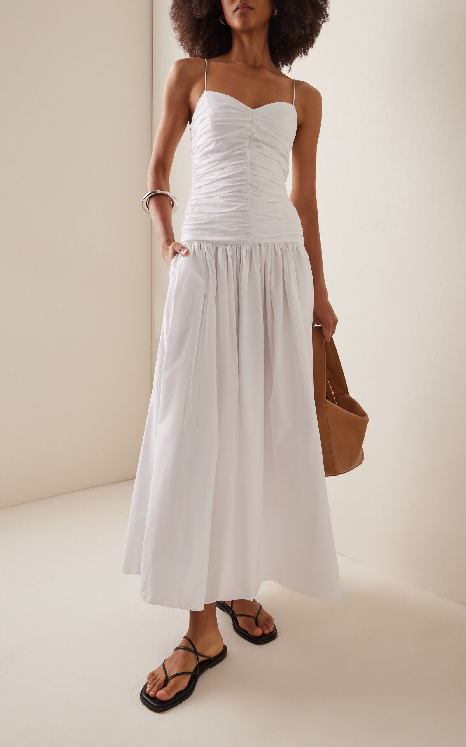 Gathered Drop-Waist Organic Cotton Maxi Dress white - 2