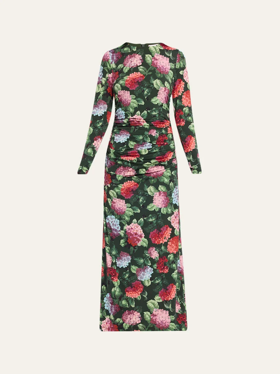 Hydrangea-Print Ruched Jersey Long-Sleeve Midi Dress - 1