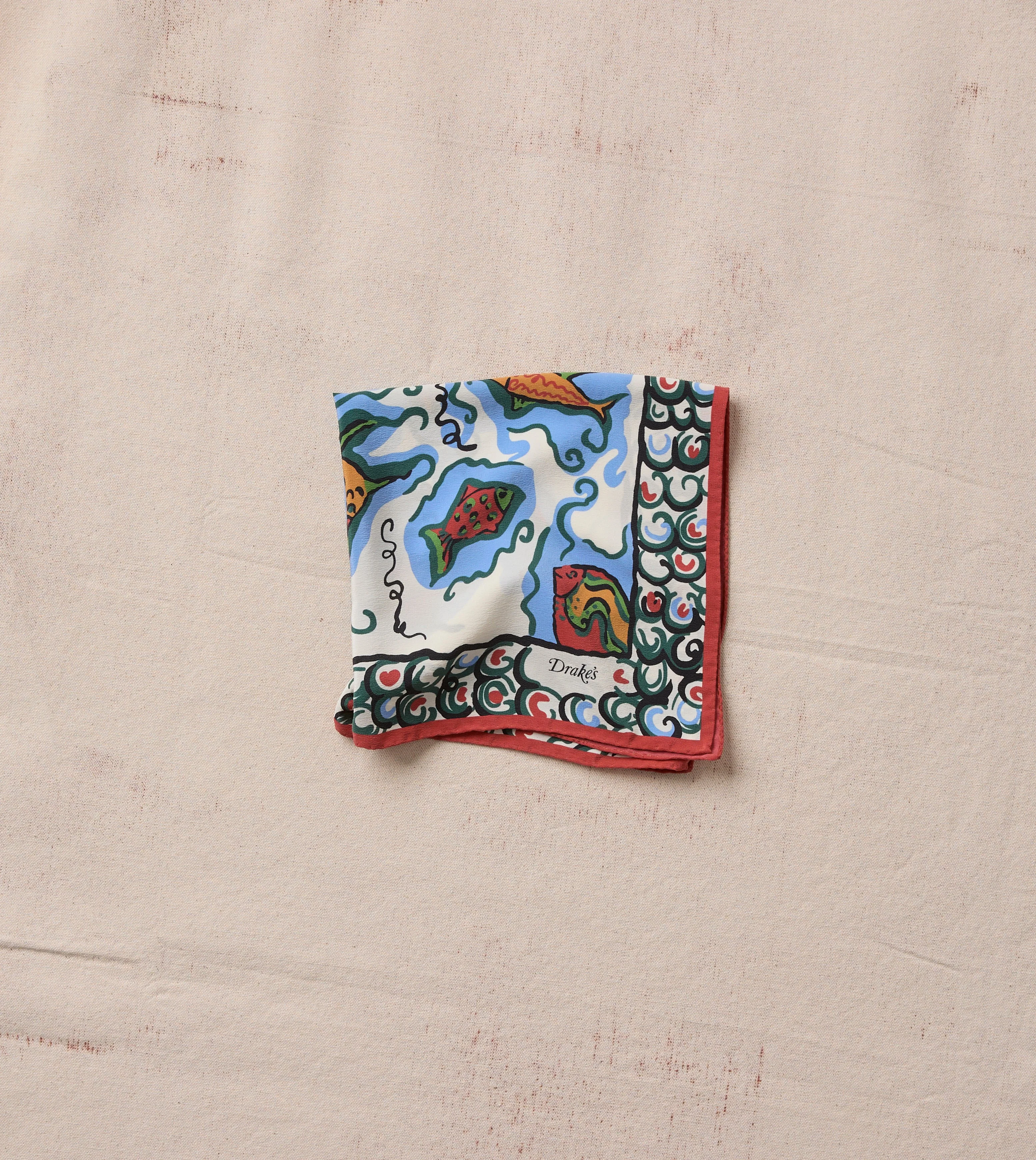 Ecru Fish Print Silk Pocket Square - 1