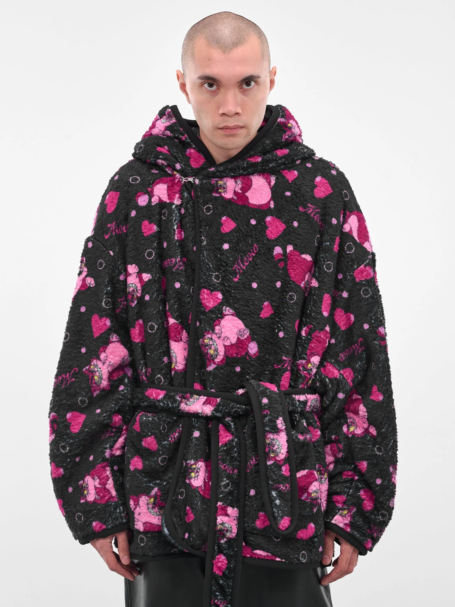 Black Graphic Fleece Hooded Robe - 1