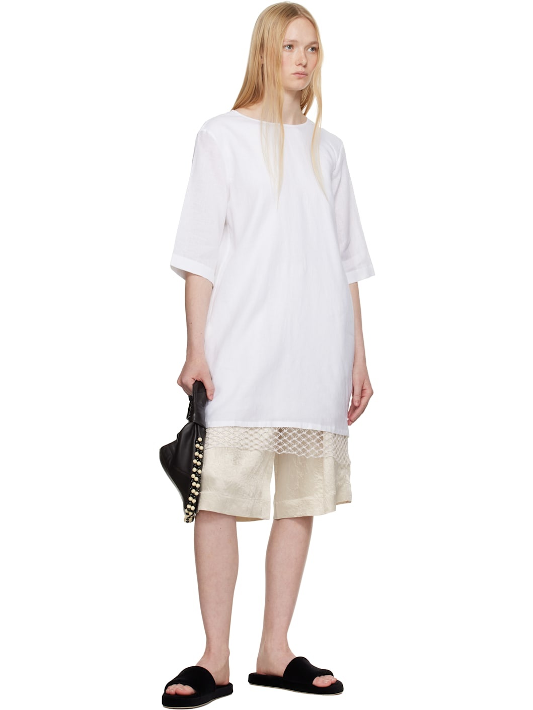 White T-shirt Cocoon Macrame Minidress - 4