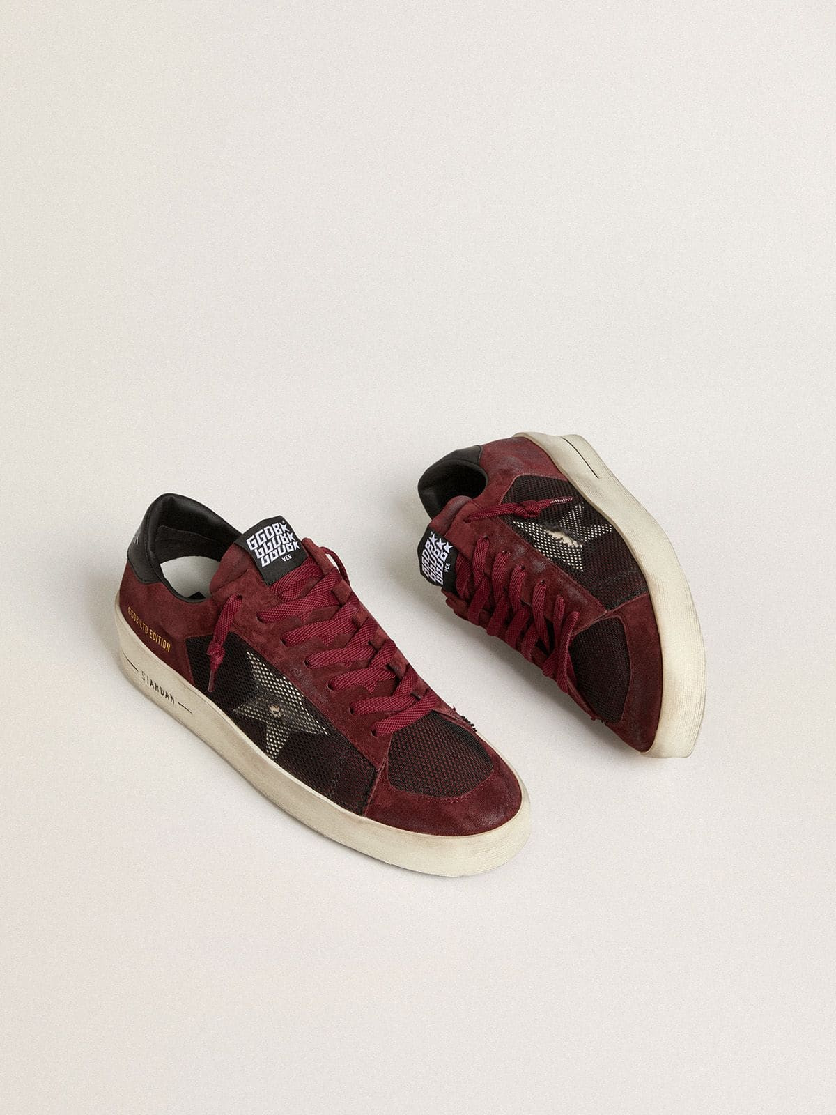 Men's Stardan in black mesh and burgundy suede with white leather star - 2