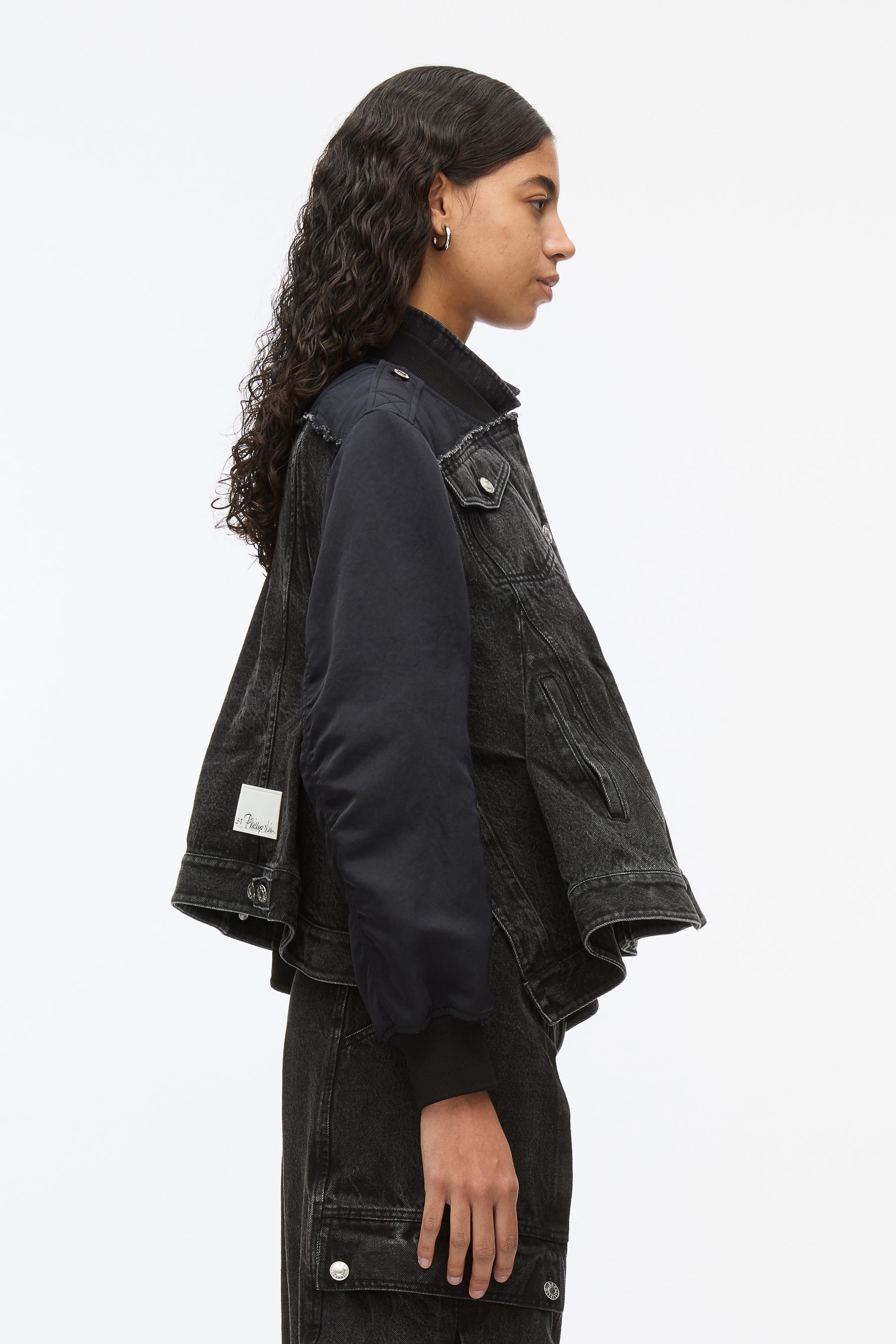Hybrid Denim Flight Jacket With Flounce Hem - 5