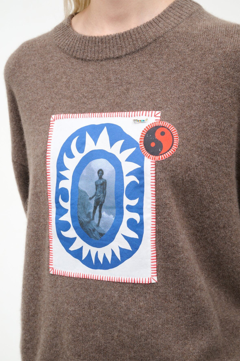STAUD SERRANO CASHMERE RELAXED CREW TRUFFLE PATCHWORK 4