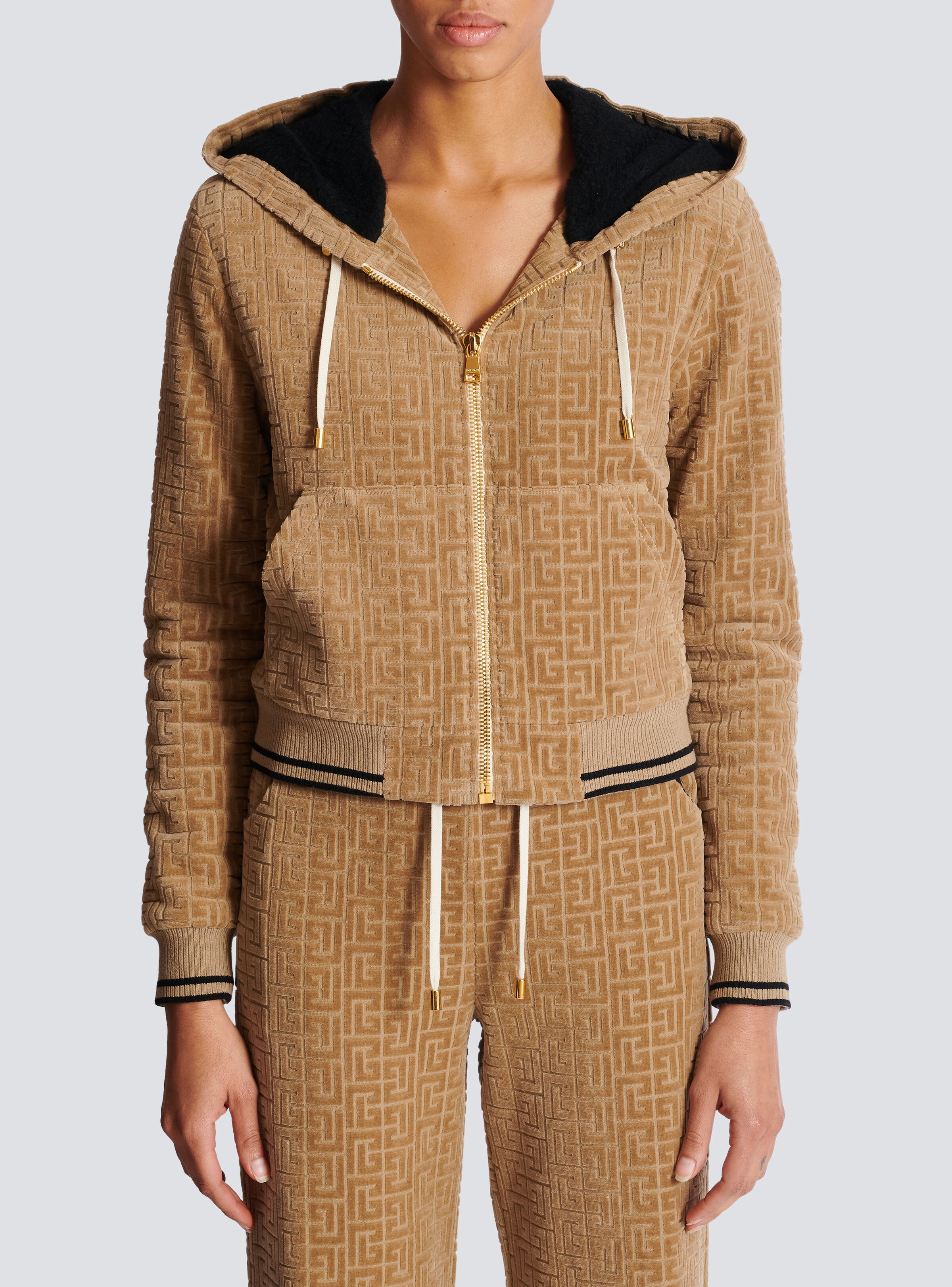 Velvet hooded jacket with PB Labyrinth monogram - 5