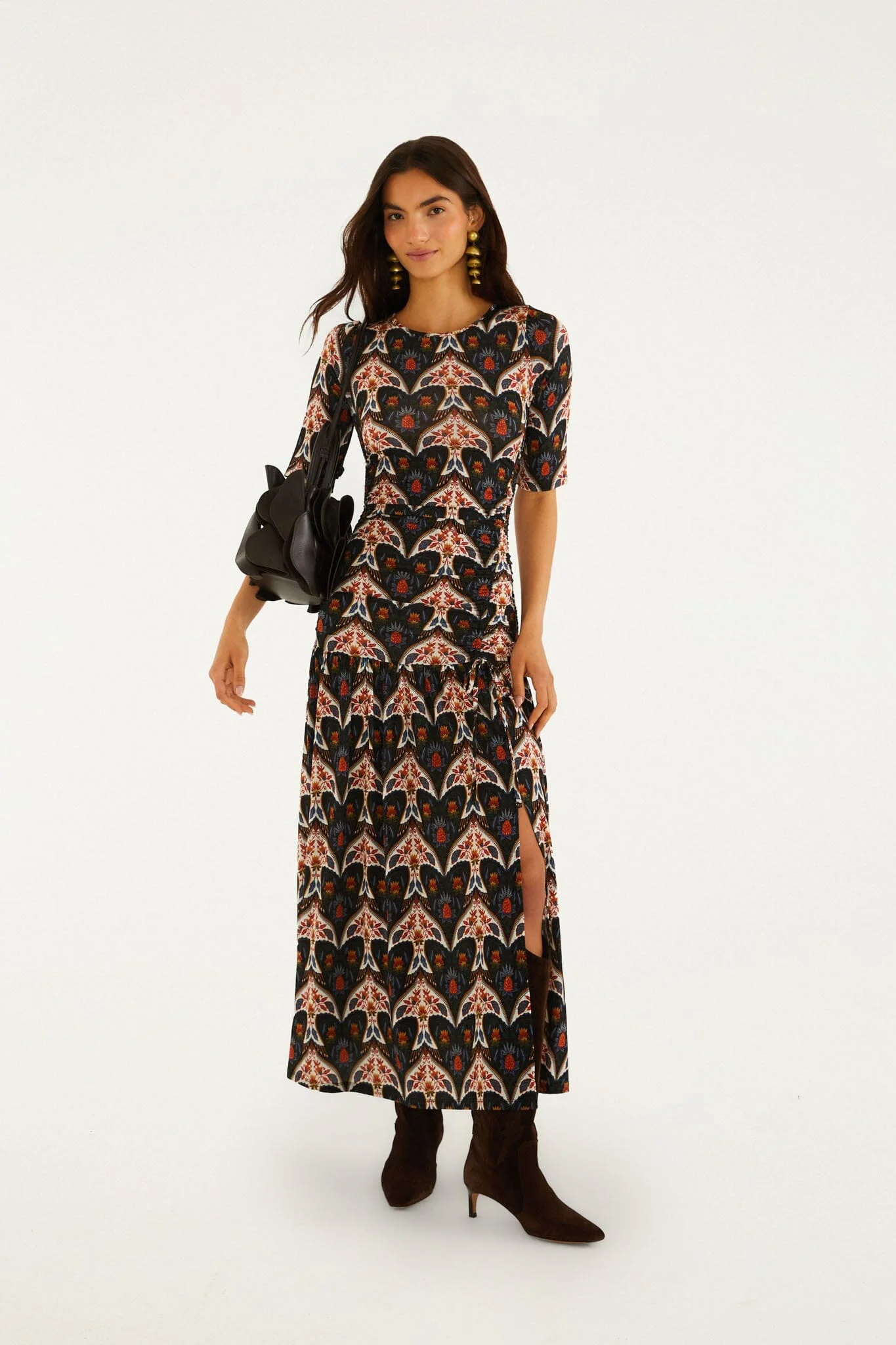 Black Porcelain Birds Long Sleeve Slim Maxi Dress - 1
