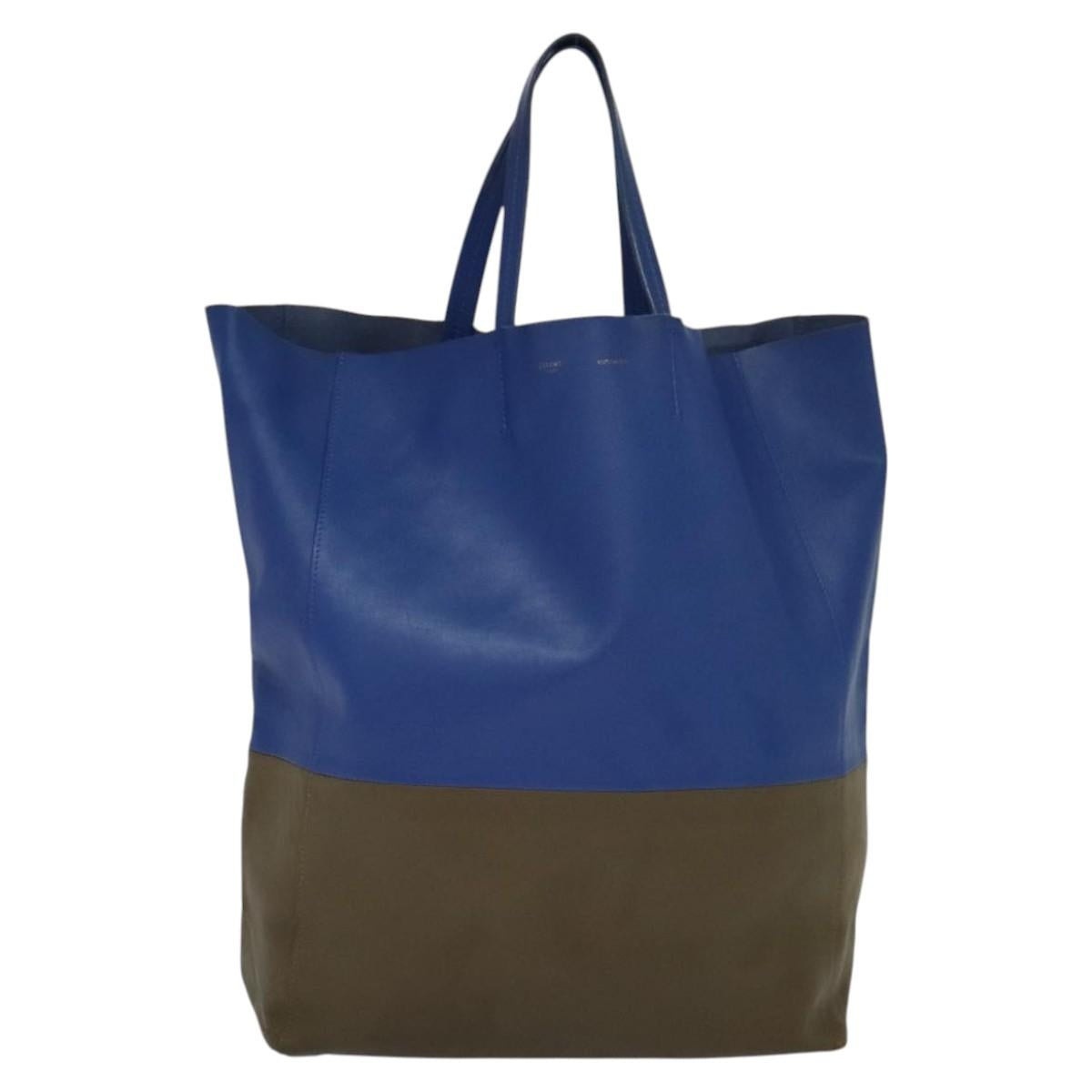 CELINE Vertical Cabas Hand Bag Leather Blue Brown - 2