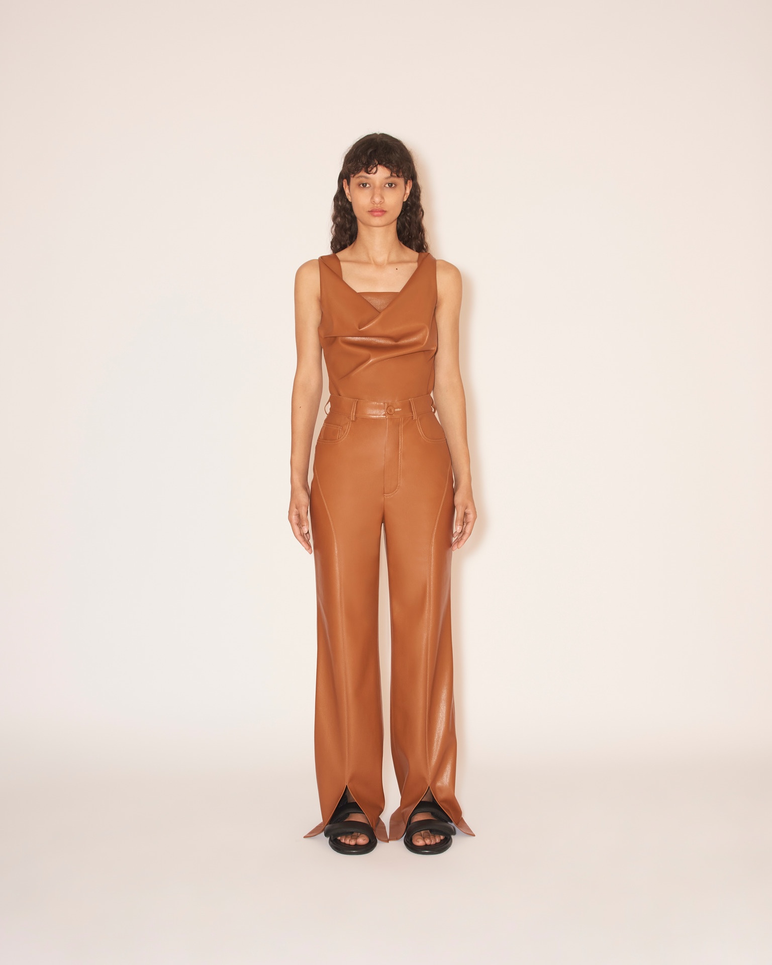 BASHA - OKOBOR™ alt-leather split hem trousers - Tobacco - 3