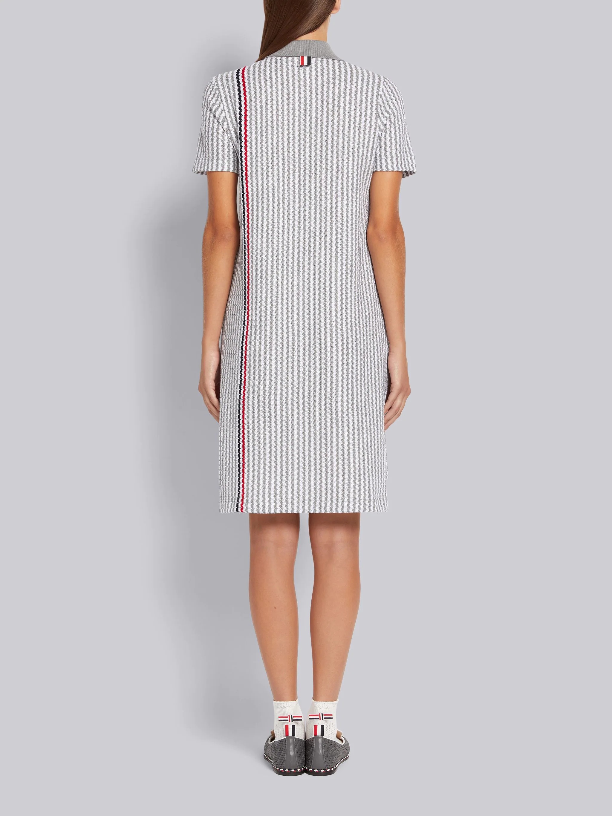 Light Grey University Stripe Cotton Tweed Engineered Stripe Mini Polo Dress - 3