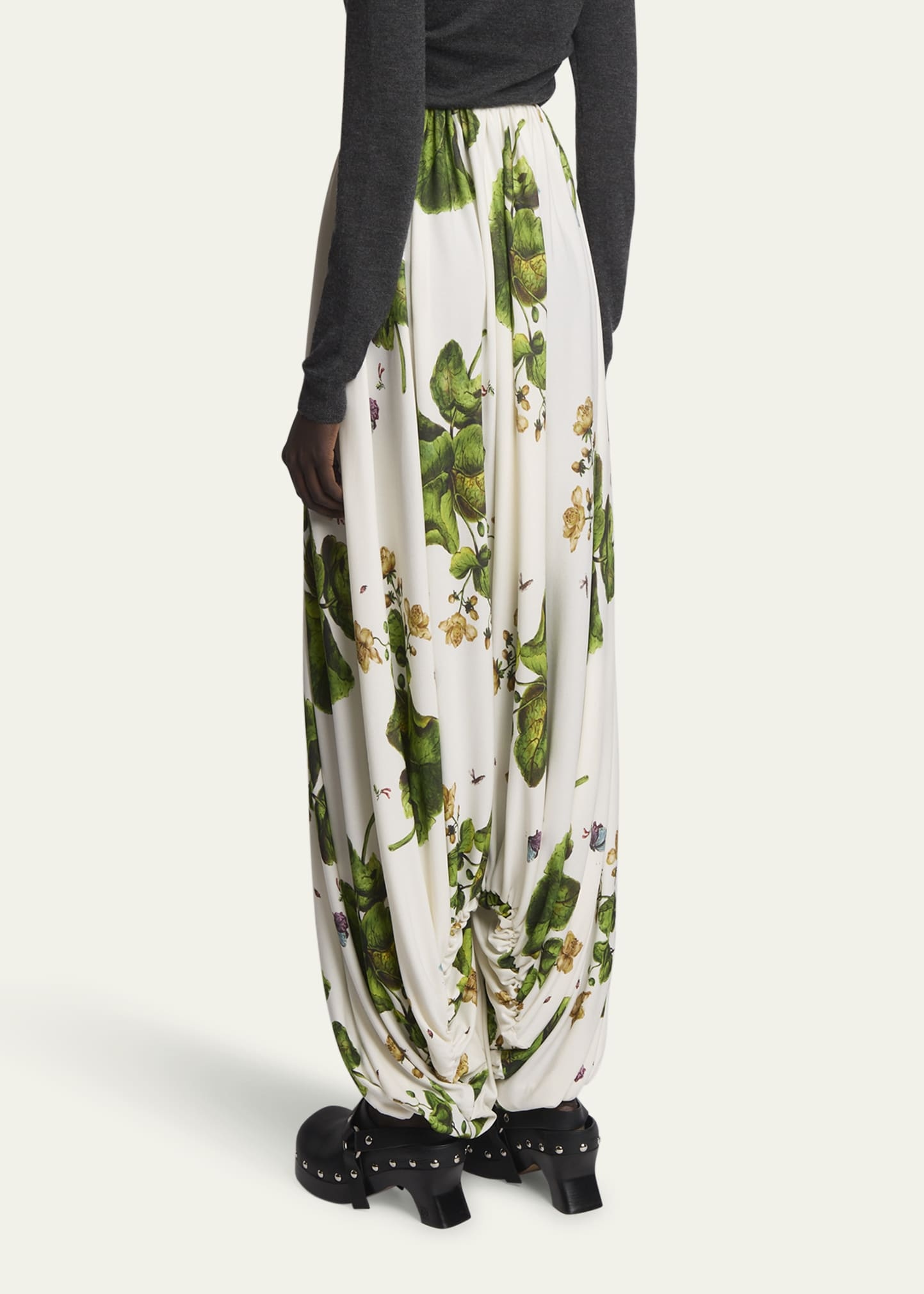 Leaf-Print Draped Wide-Leg Trousers - 3