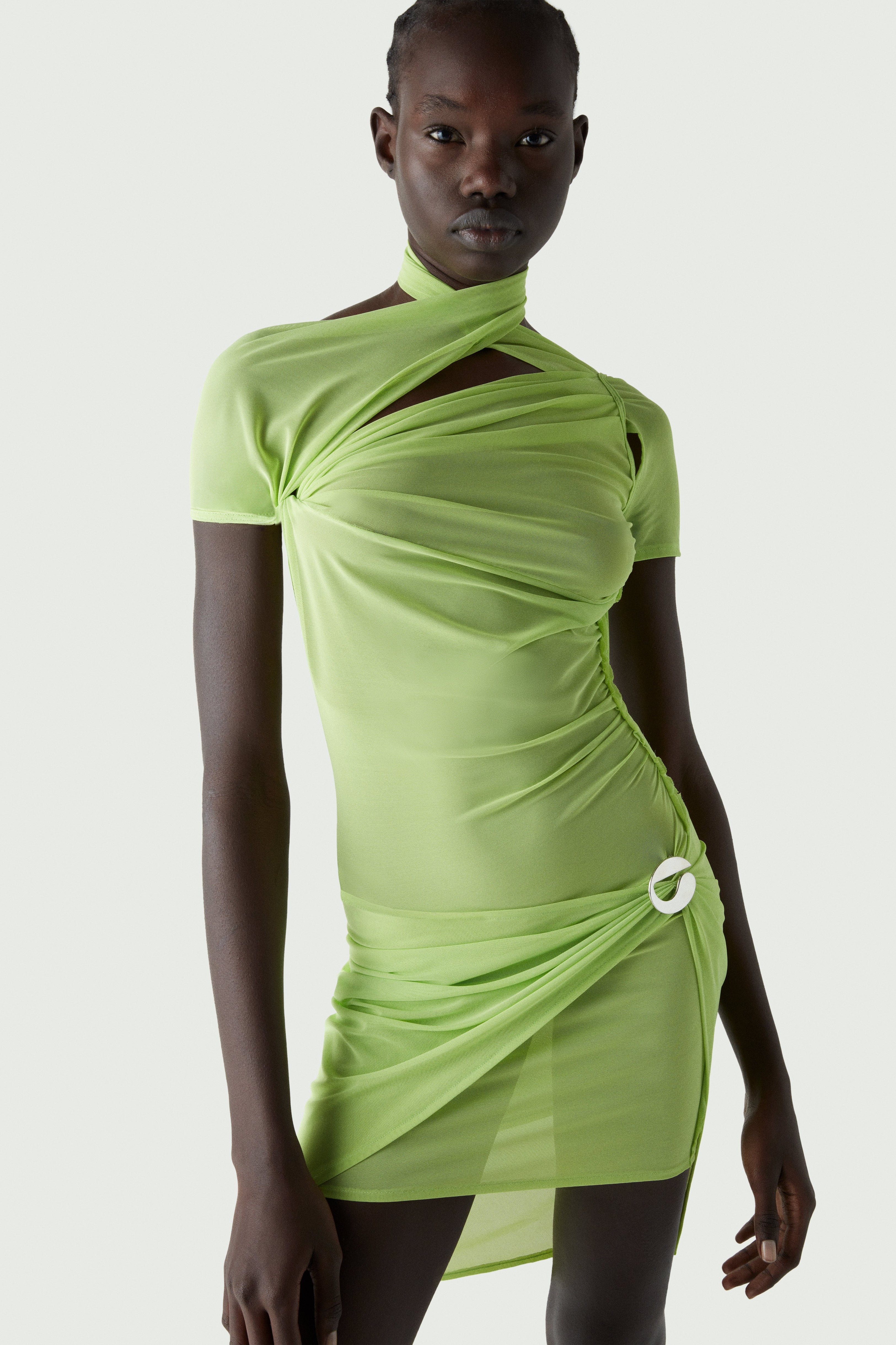 Asymmetric Draped Mesh Dress - 1