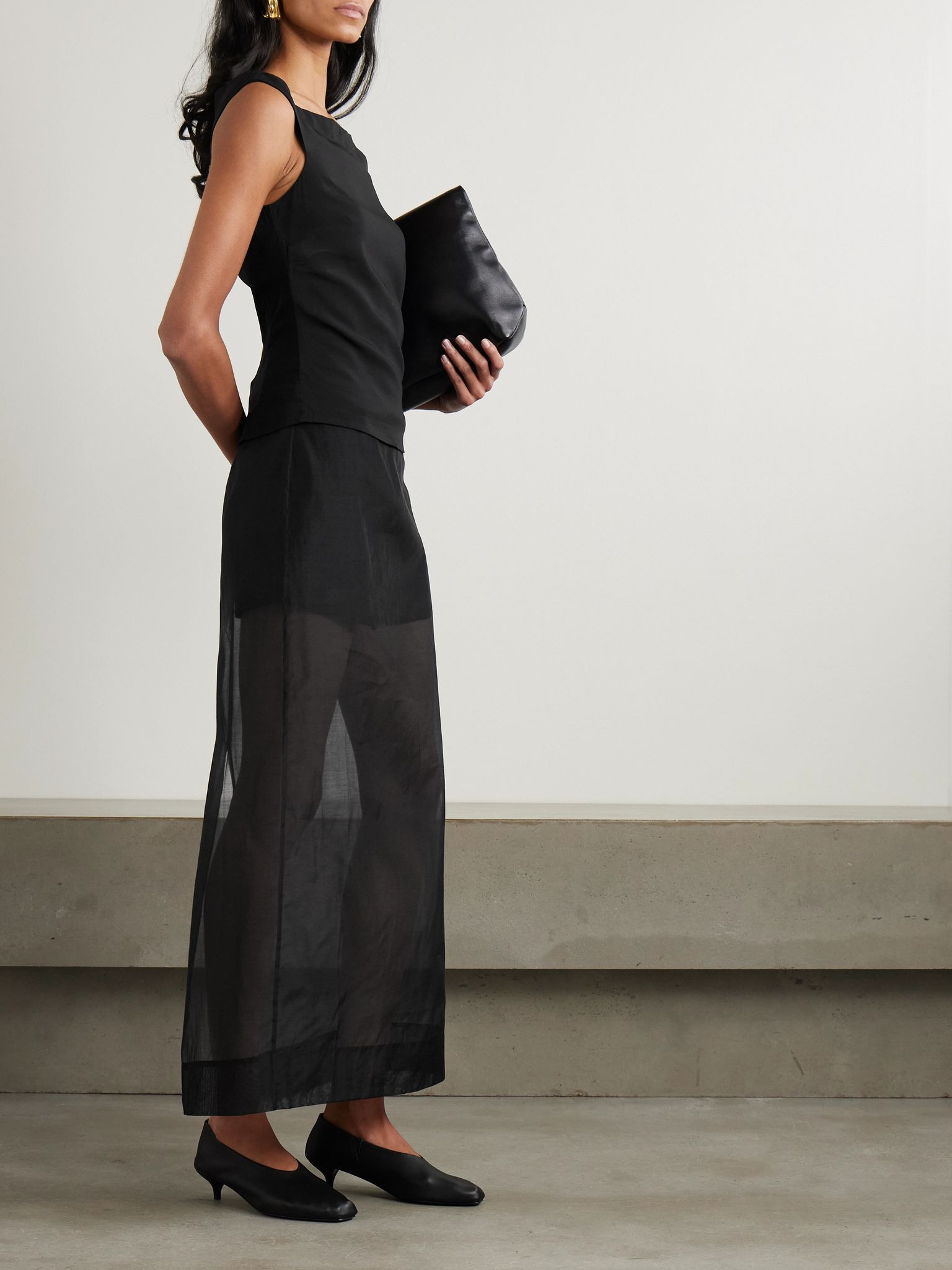 Leather-trimmed organic cotton-blend tulle maxi skirt Black - 2