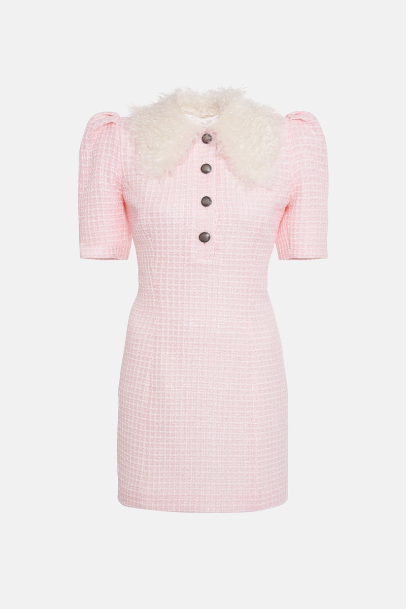 SEQUIN CHECKED MINI DRESS W / WOOL FUR COLLAR - 1