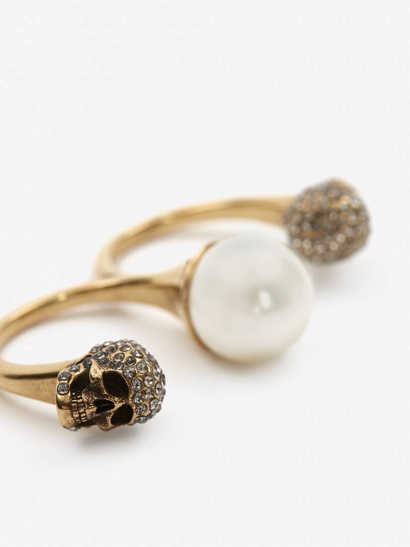 Women's Pearl Skull Double Ring in Antique Gold - 4