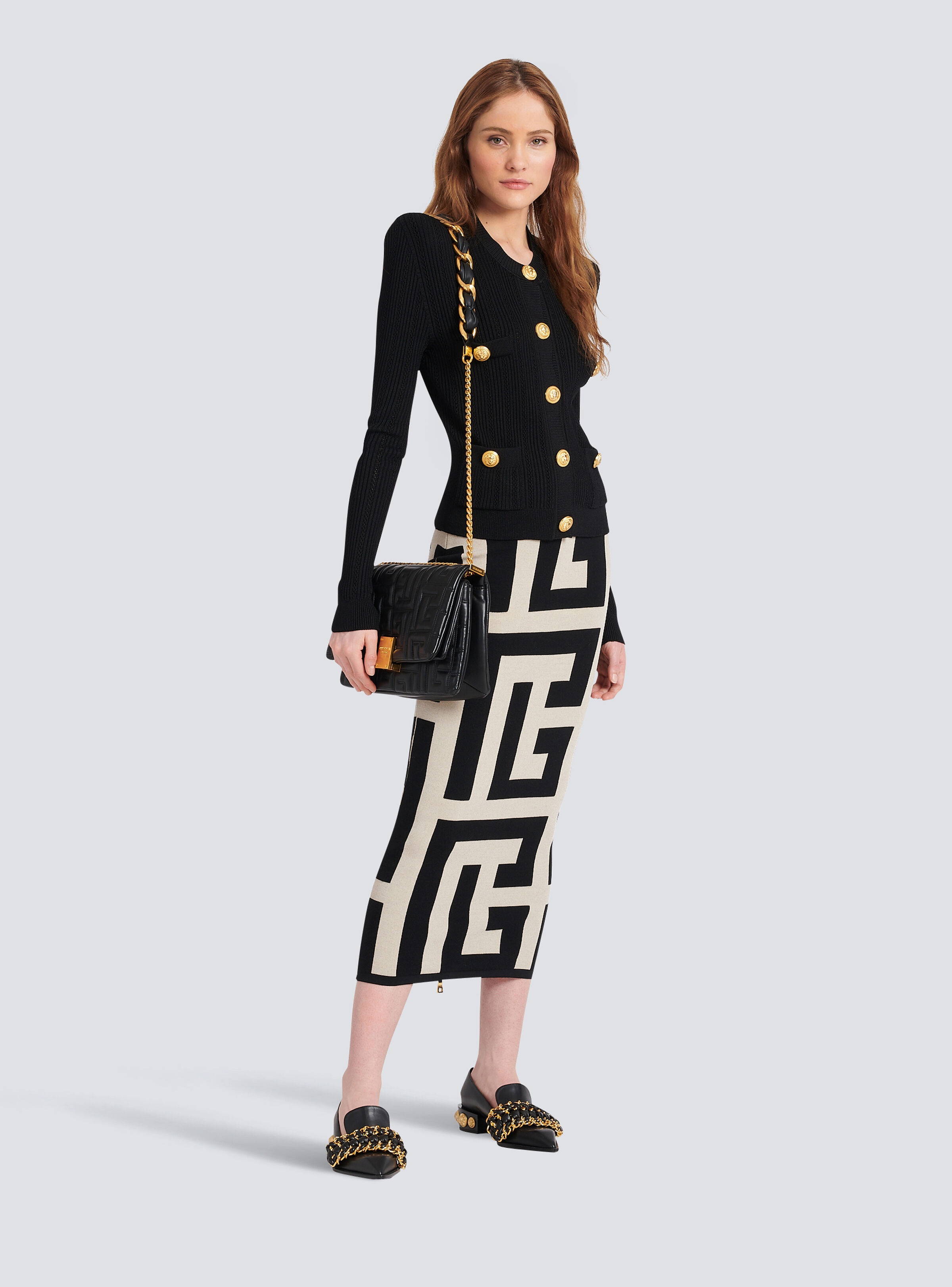 Mid-length knit skirt with maxi Balmain monogram print - 2