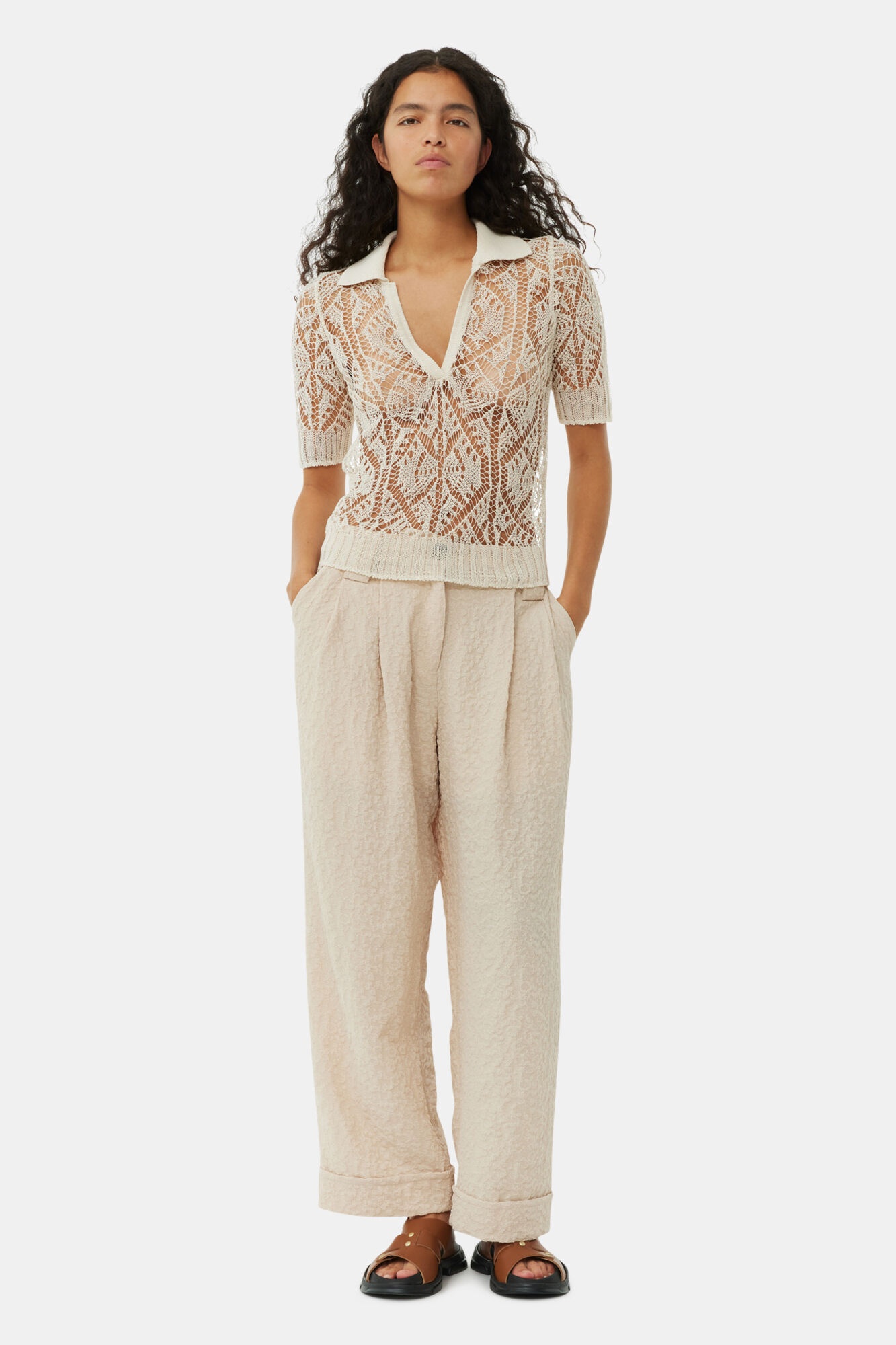 BEIGE TEXTURED SUITING MID WAIST PANTS - 2