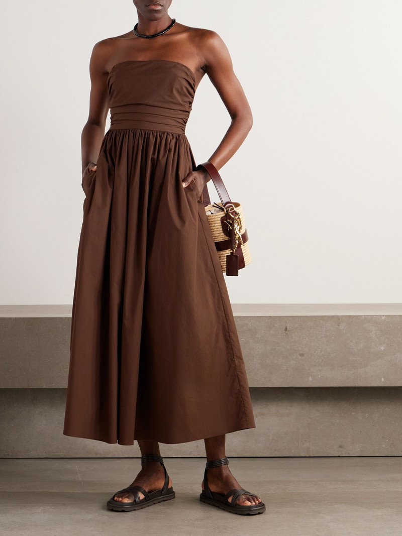 MATTEAU Strapless gathered organic cotton-poplin midi dress Chocolate outlook