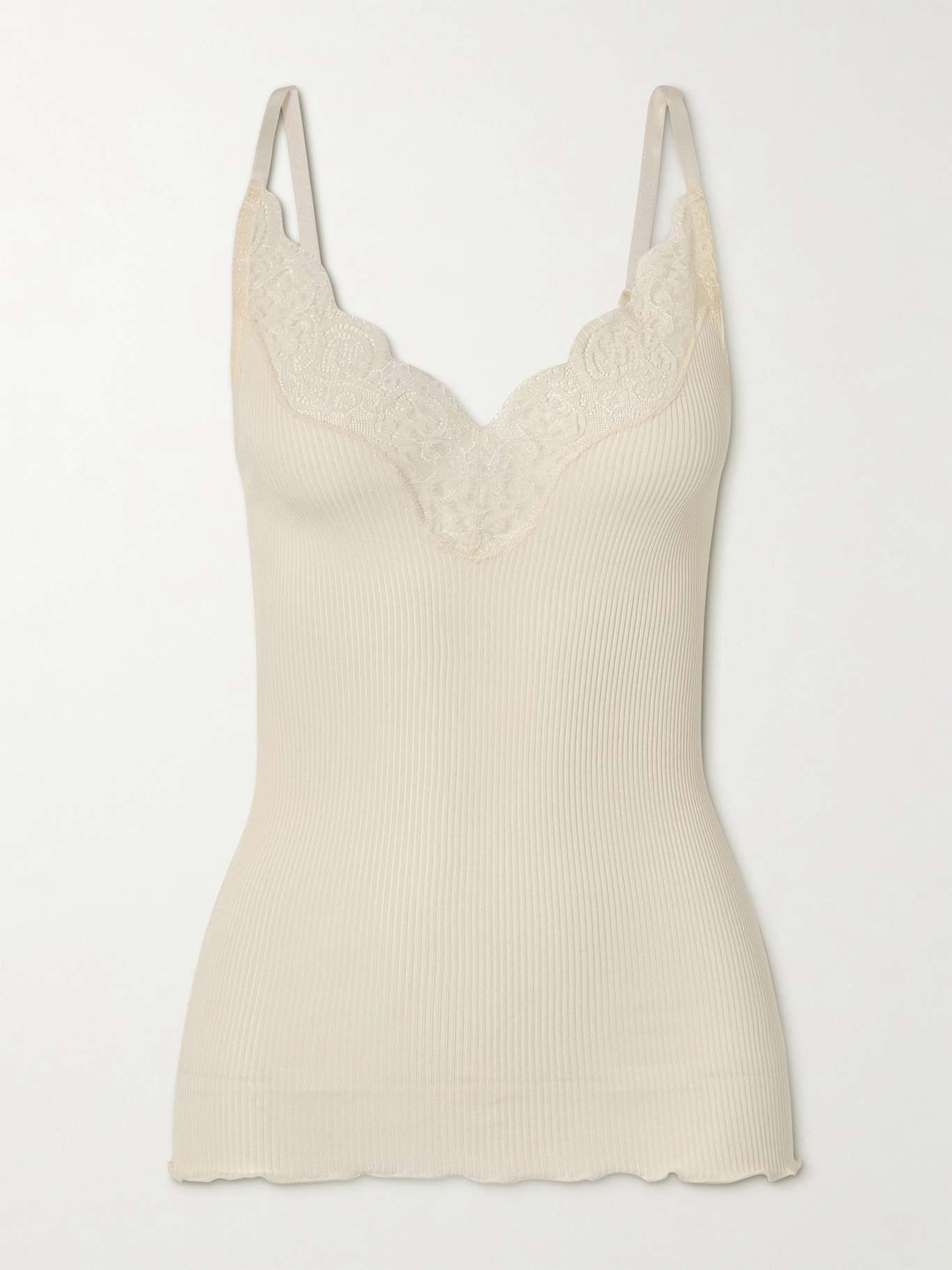 Lace-trimmed ribbed silk-jersey tank top - 1