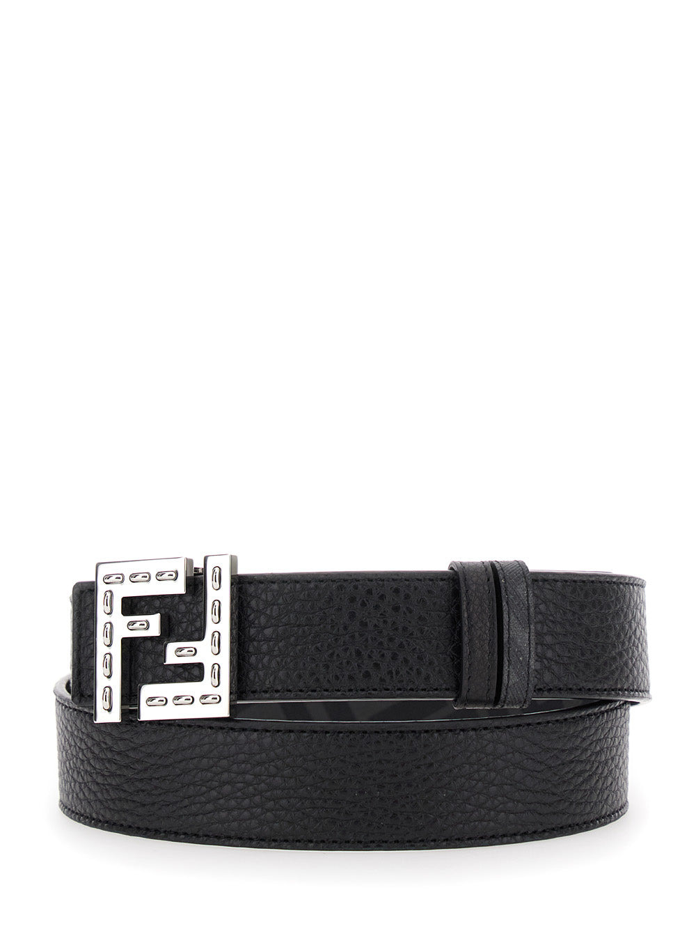 Fendi Men Black Belt With Metallic Ff Logo Plate On The Front And Ff Interior Motif In Hammered Leat - 2