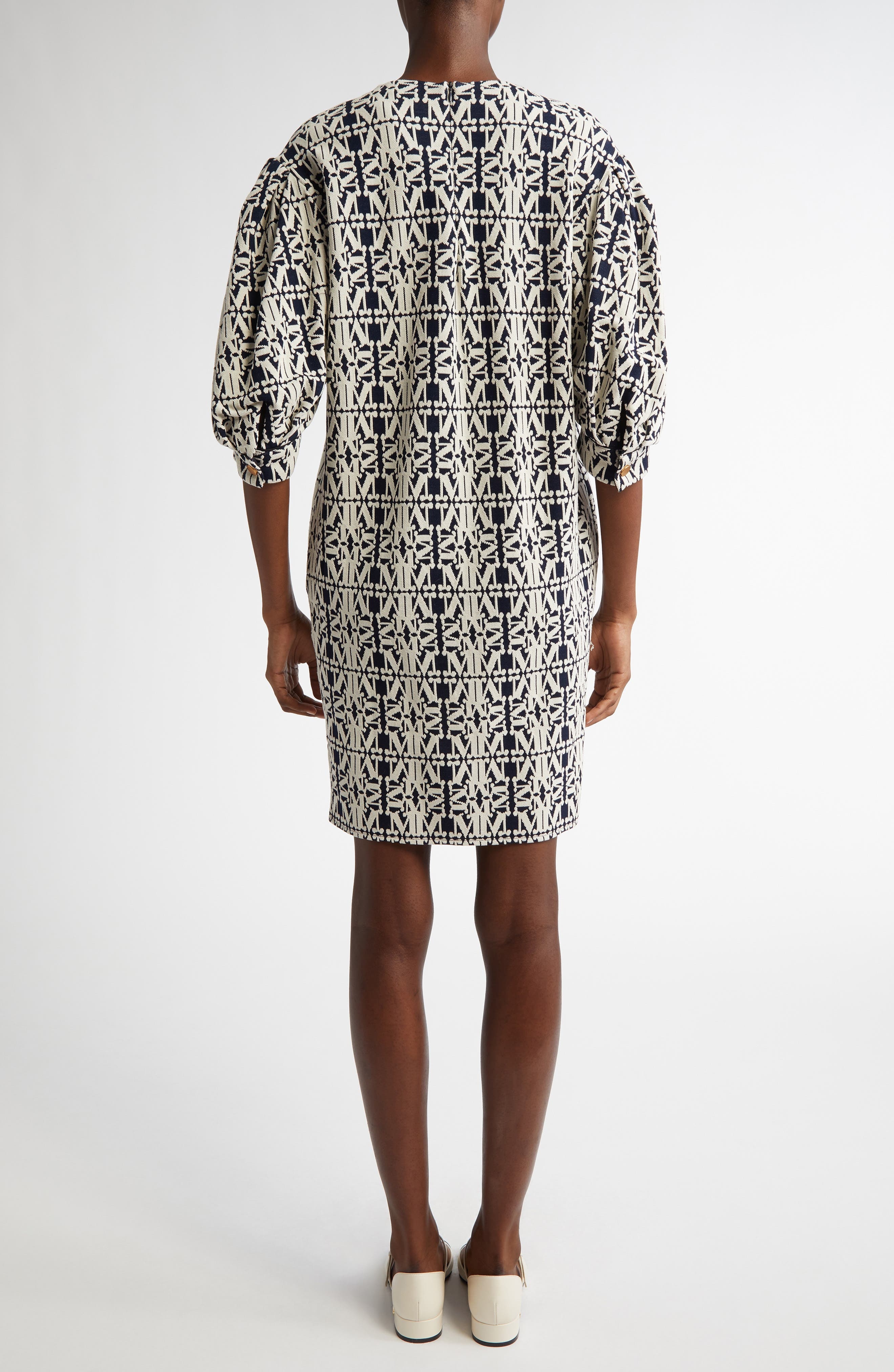 Max Mara Gustavo Monogram Puff Sleeve Cotton Piqué Dress in White/Blue at Nordstrom - 2