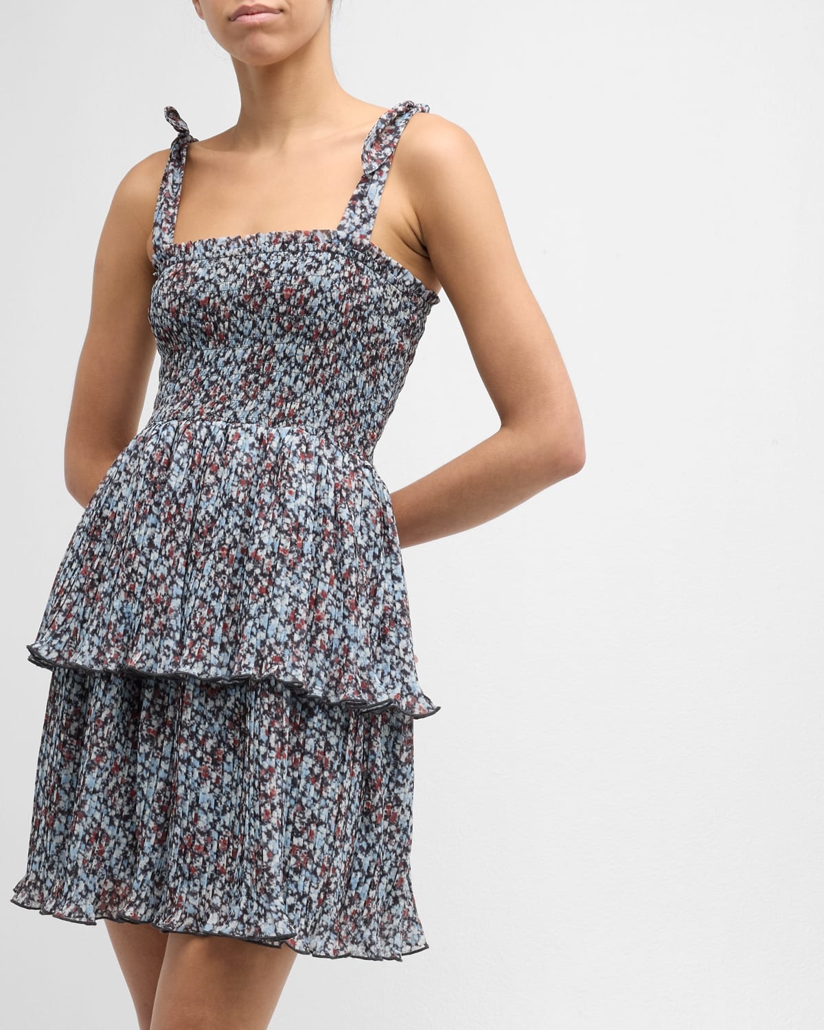Pleated Georgette Tie-Shoulder Smock Mini Dress - 7