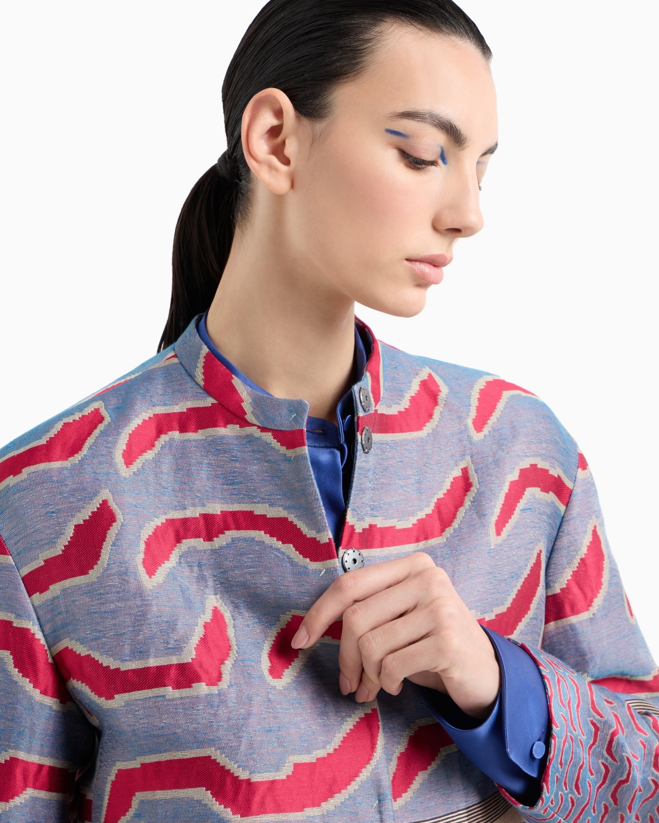 SINGLE-BREASTED LONG JACKET IN COTTON, LINEN AND SILK JACQUARD - 5