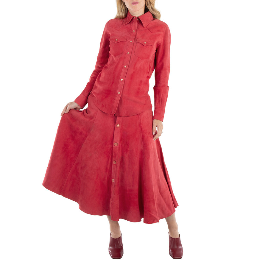 Chloe Ladies Scarlet Red Button-Up Suede Skirt, Brand Size 36 (US Size 4) - 6