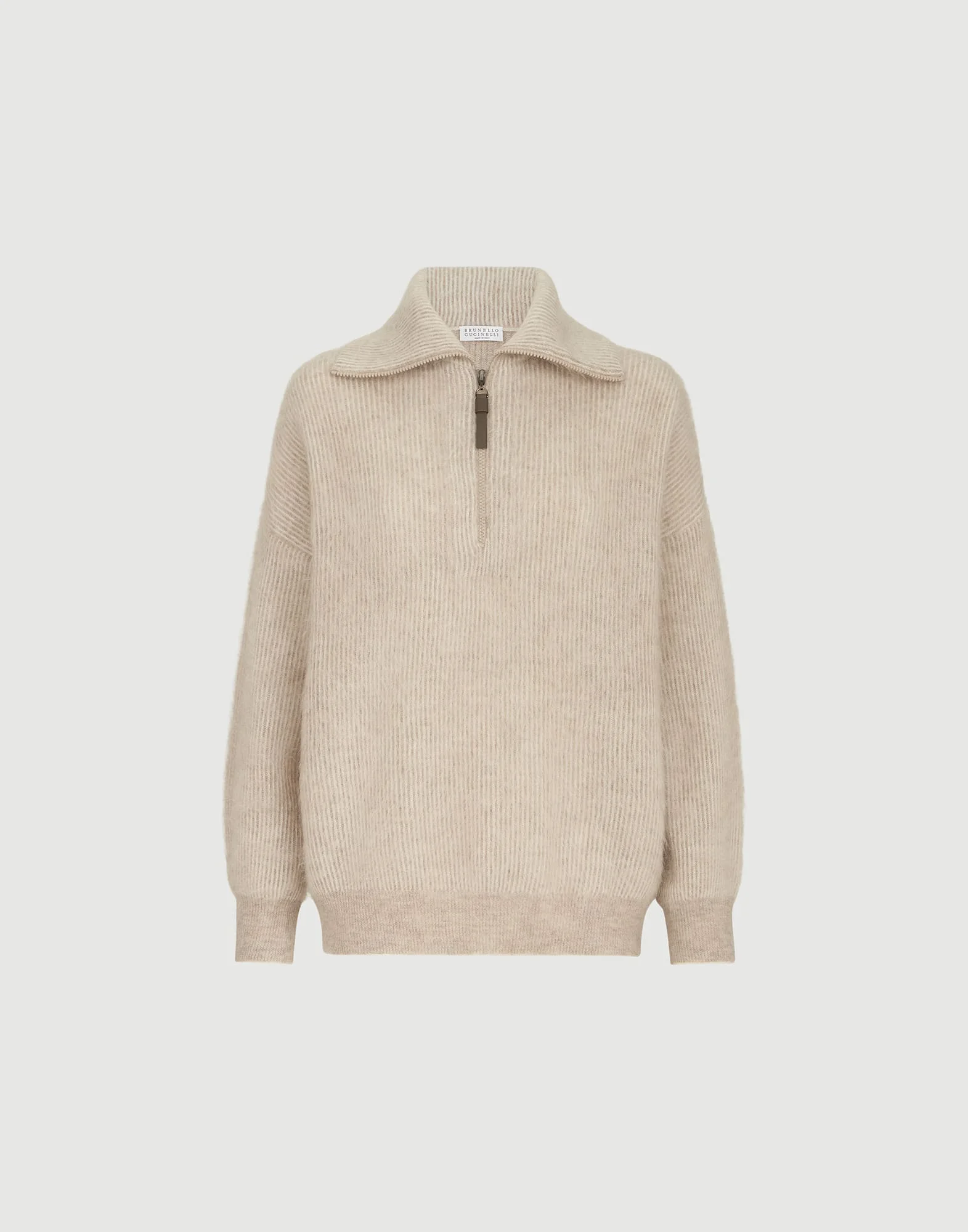 Mohair and wool vanisé English rib high neck sweater with half-zip - 1