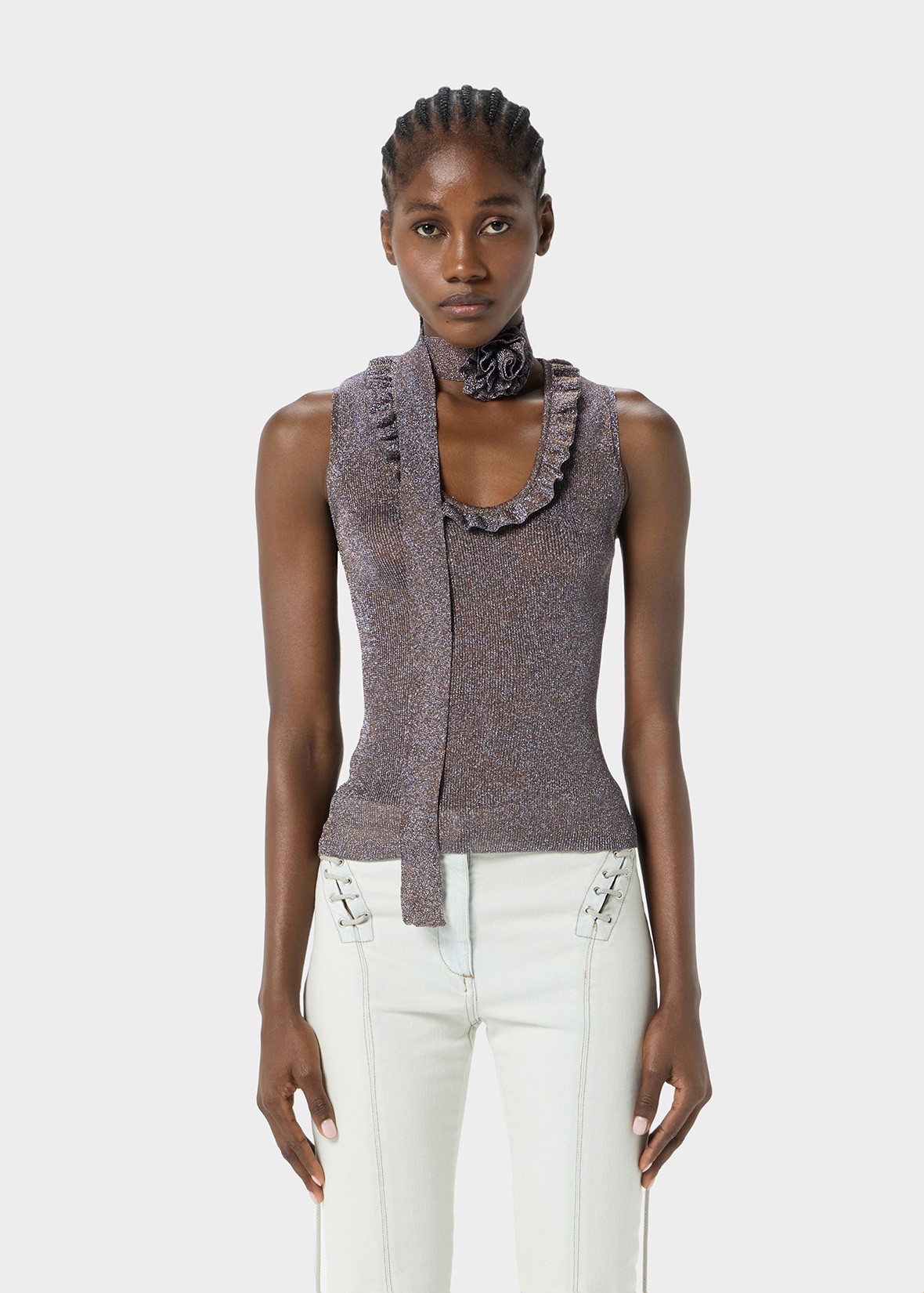 LUREX KNIT TOP WITH 3D ROSE - 3