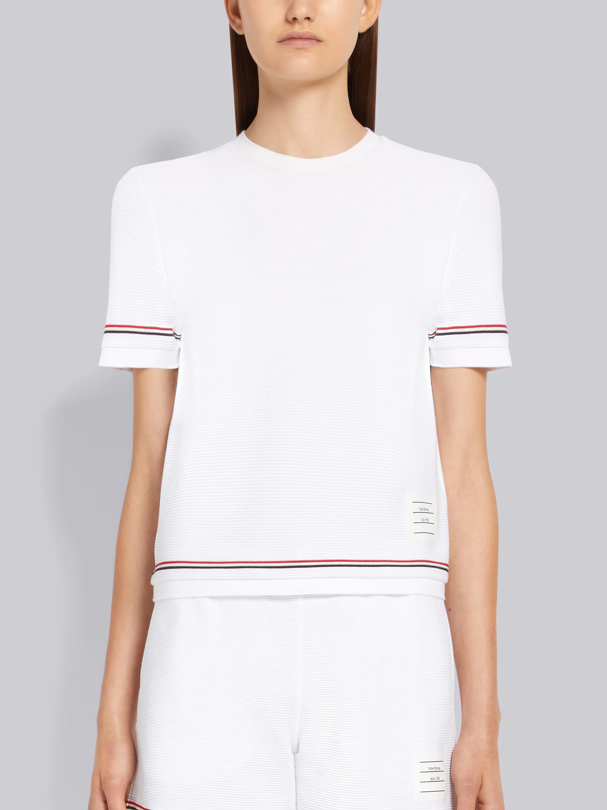 White Ottoman Rib Stripe Hem Short Sleeve Sweatshirt - 1