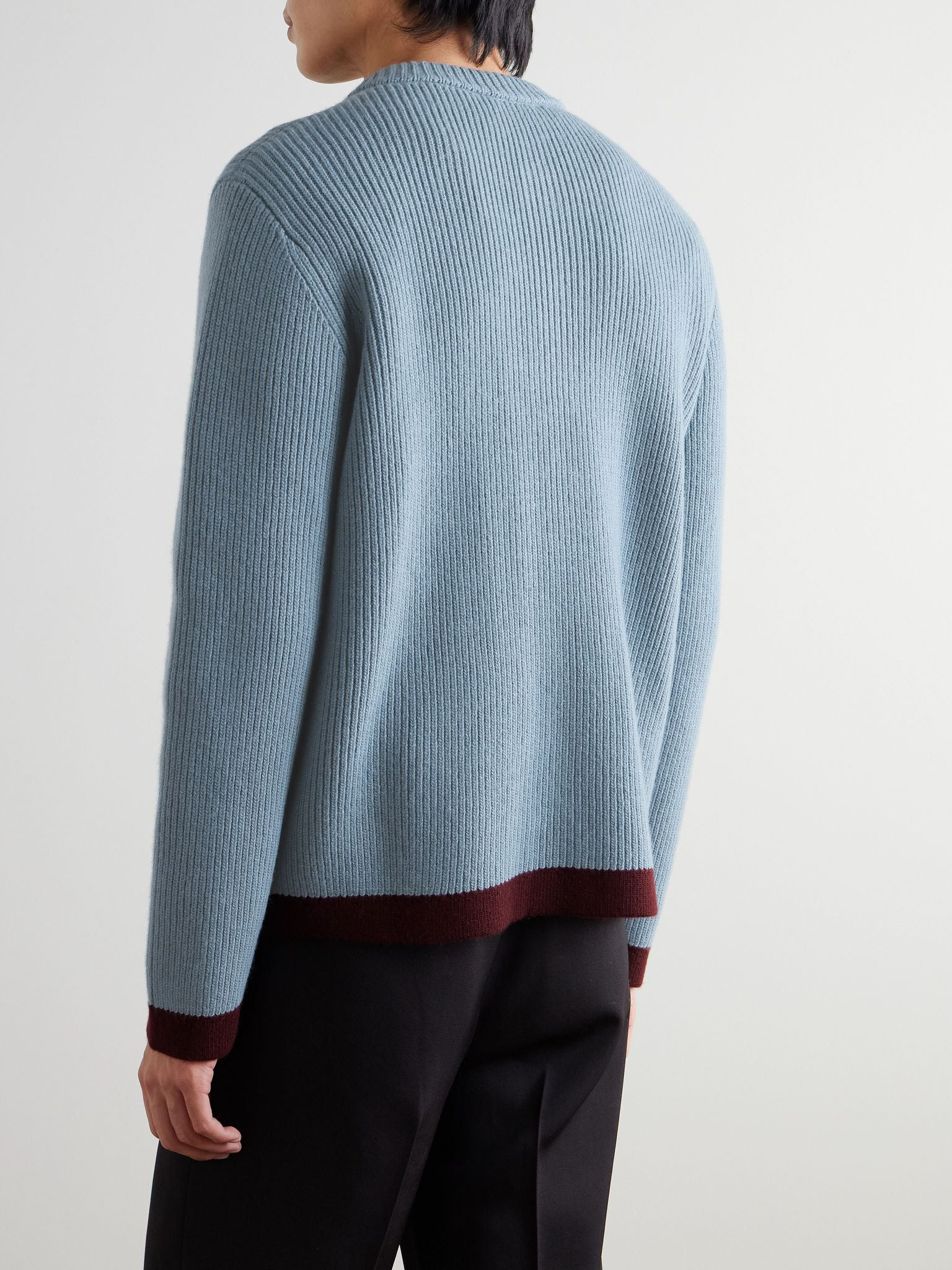 Two-Tone Logo-Jacquard Ribbed Wool Cardigan Blue - 3