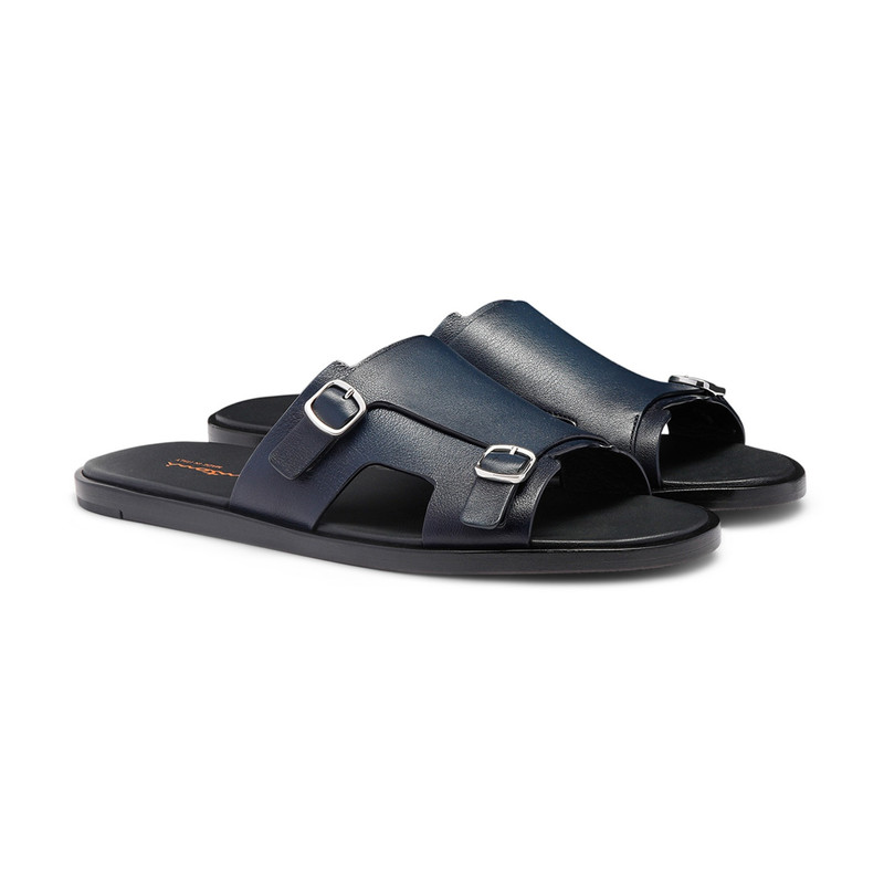 Men's blue leather double-buckle sandal 3