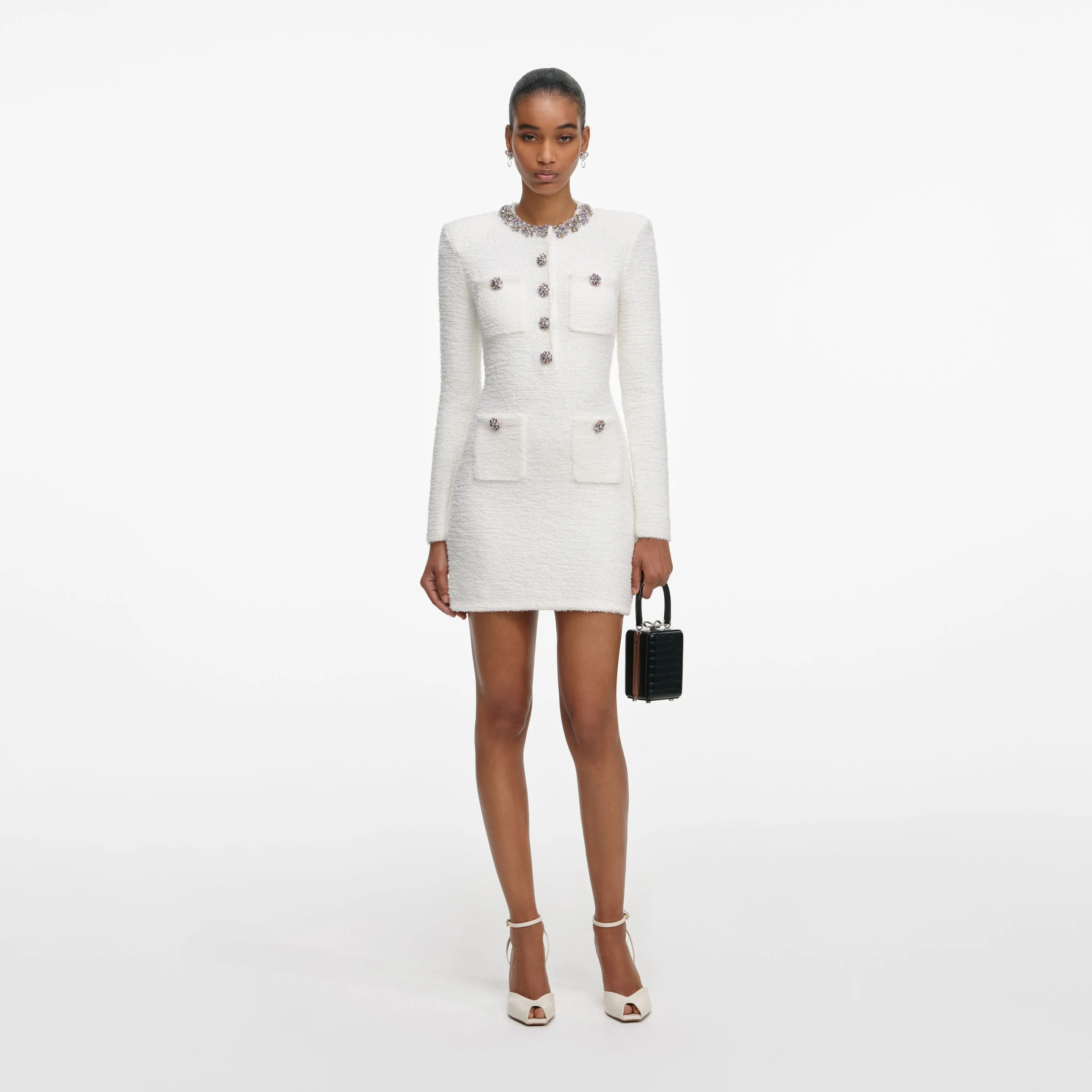 Cream Crystal Trim Knit Mini Dress - 1