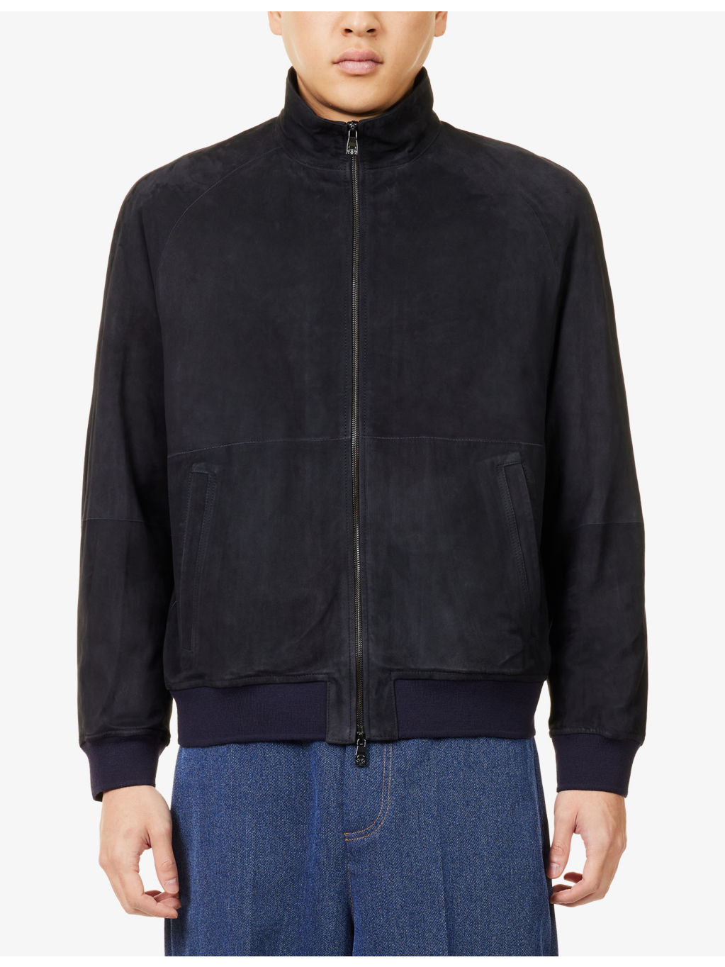 Stand Collar Raglan-Sleeve Suede Bomber Jacket - 3
